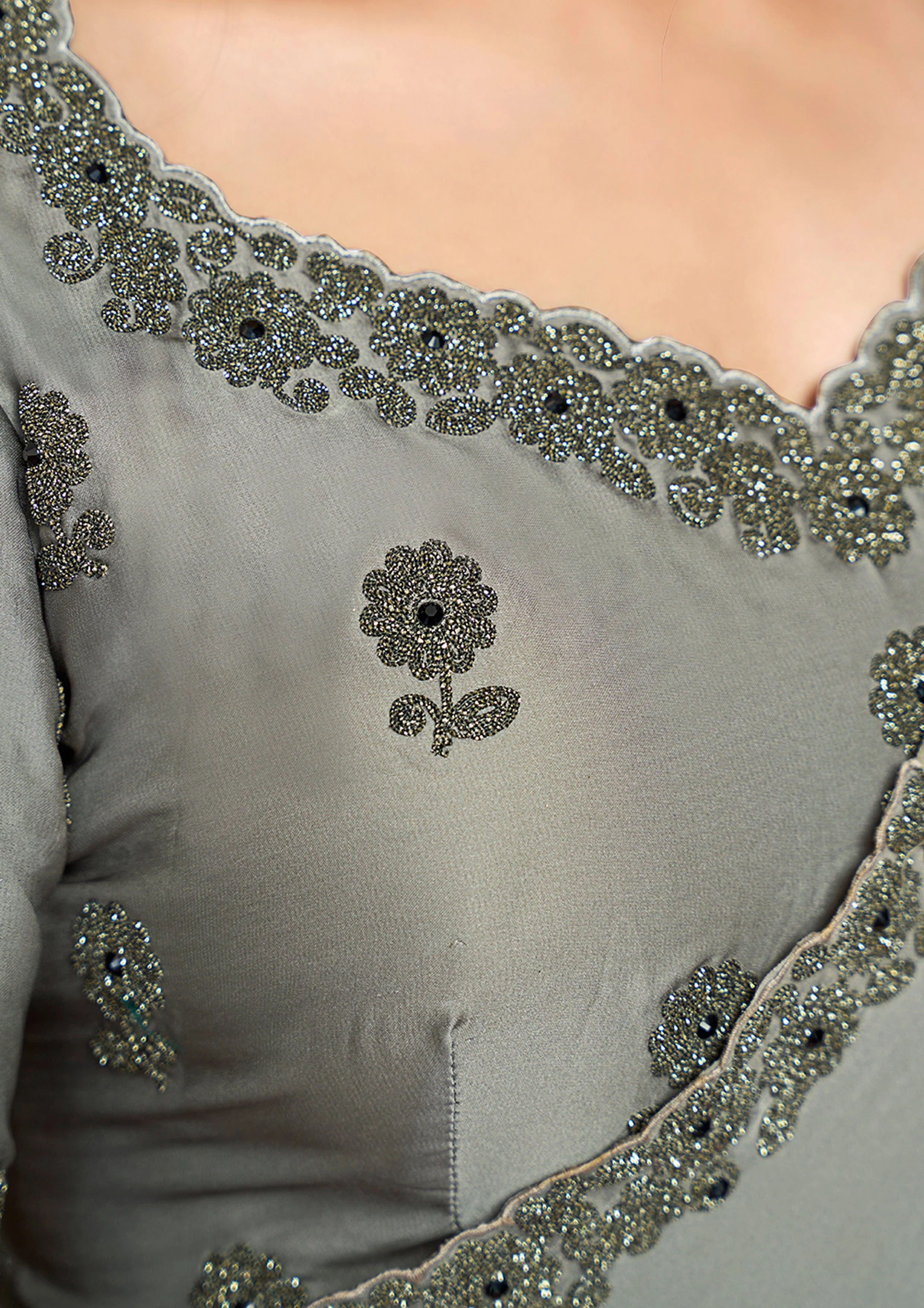 Steel Grey Embellished Satin Silk Saree - Image 4