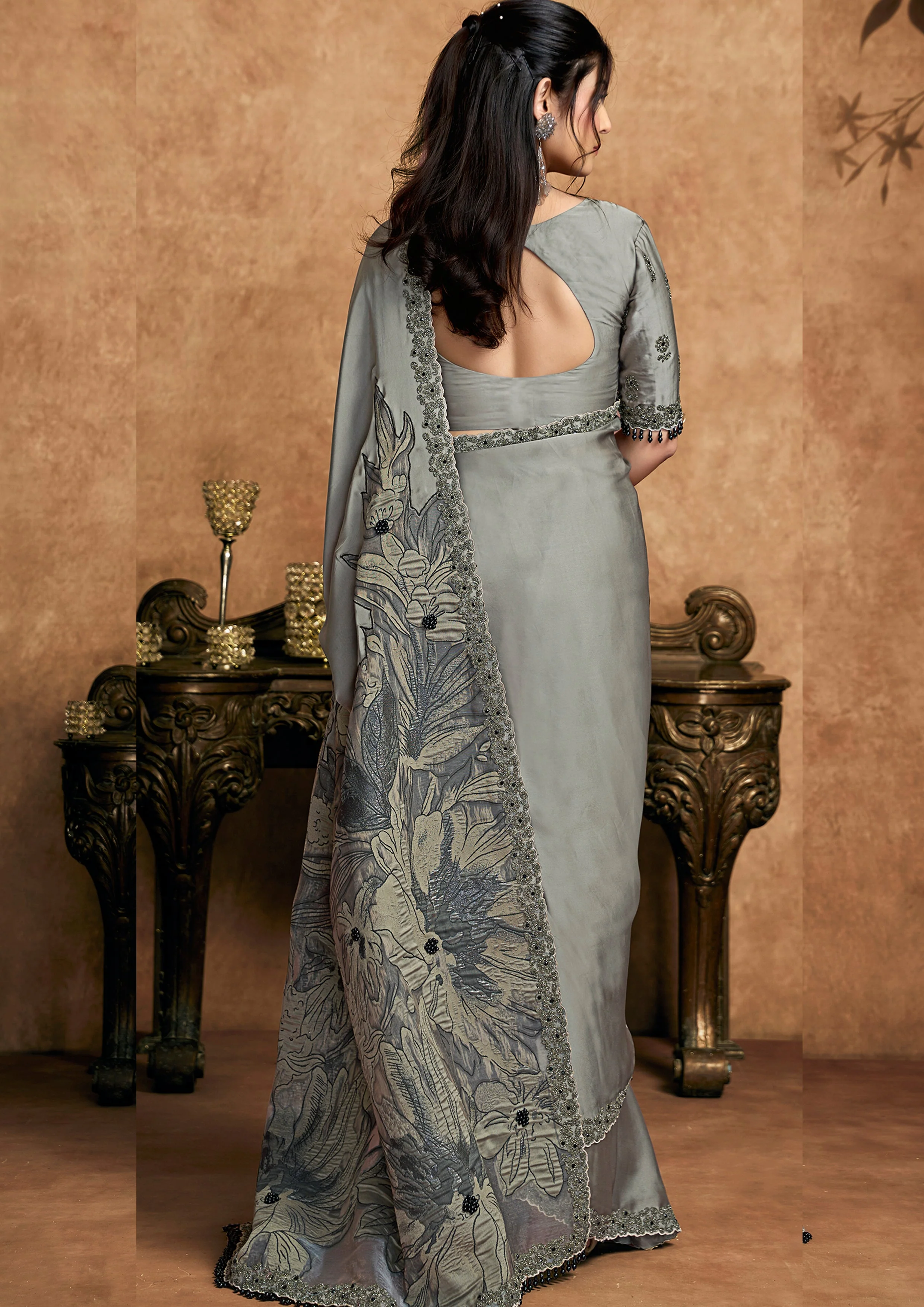 Steel Grey Embellished Satin Silk Saree - Image 5