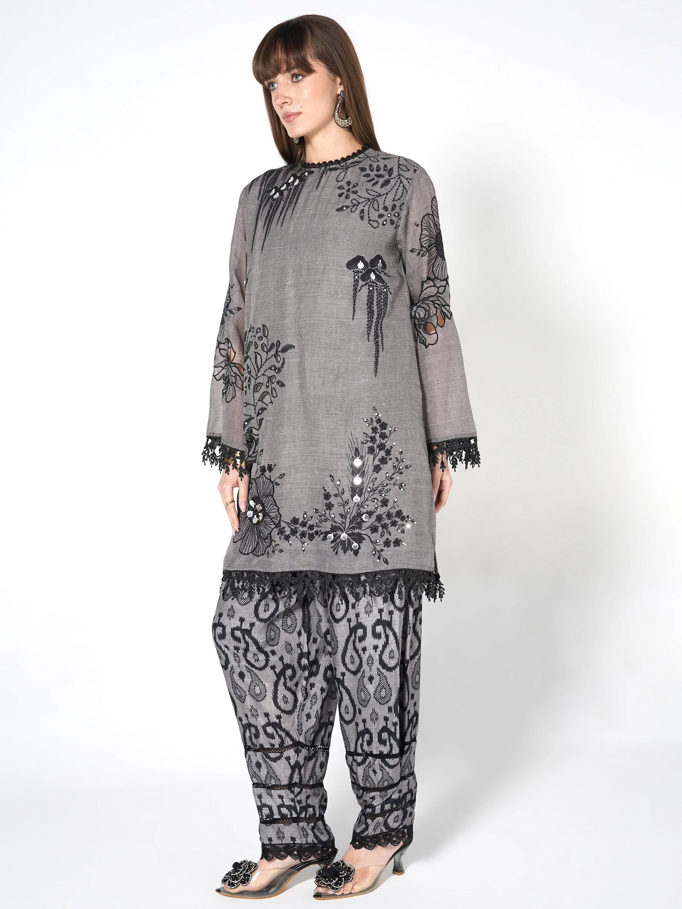 Steel Grey Printed Linen Silk Co-Ord Set - Image 3