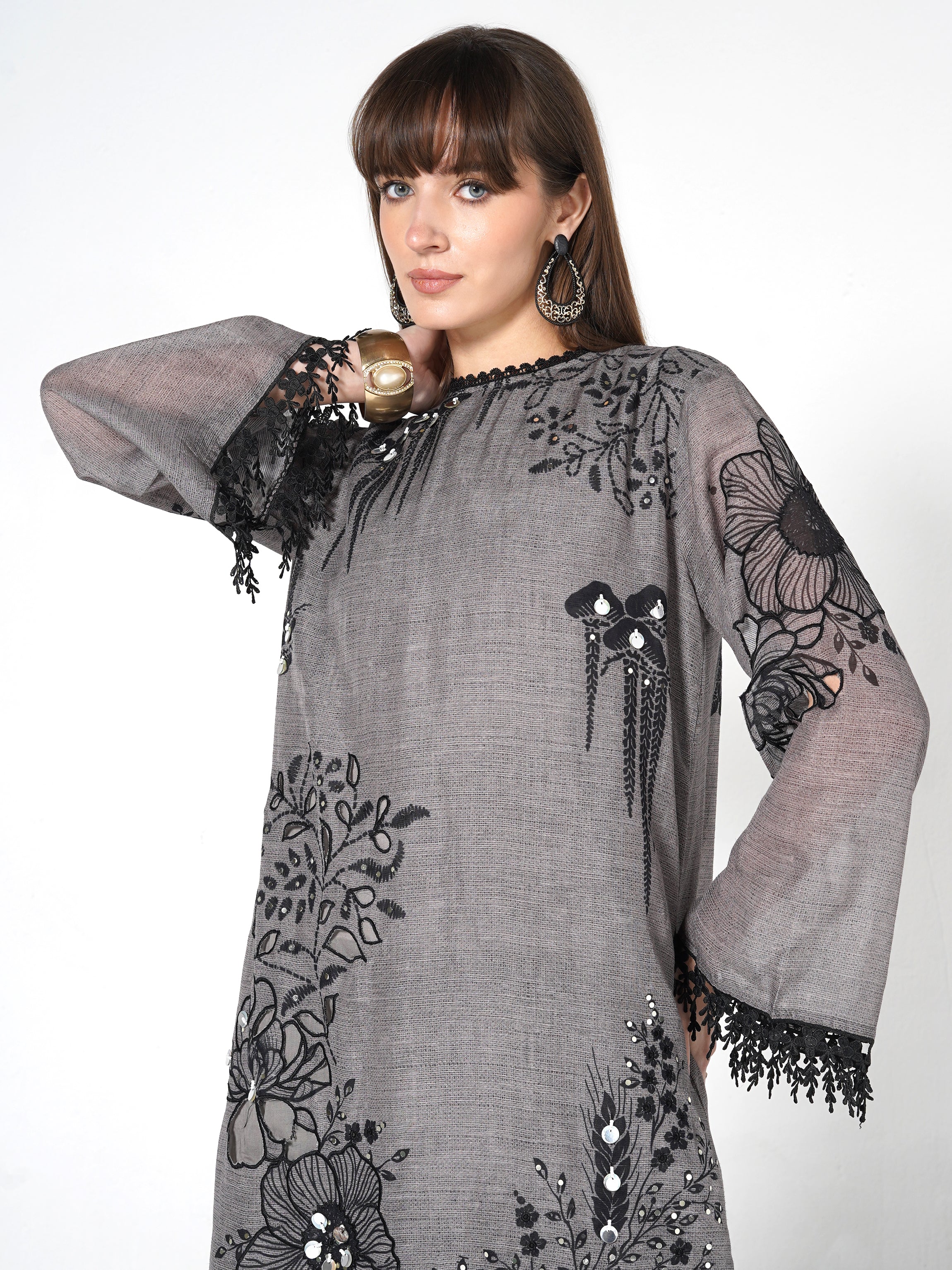 Steel Grey Printed Linen Silk Co-Ord Set - Image 4