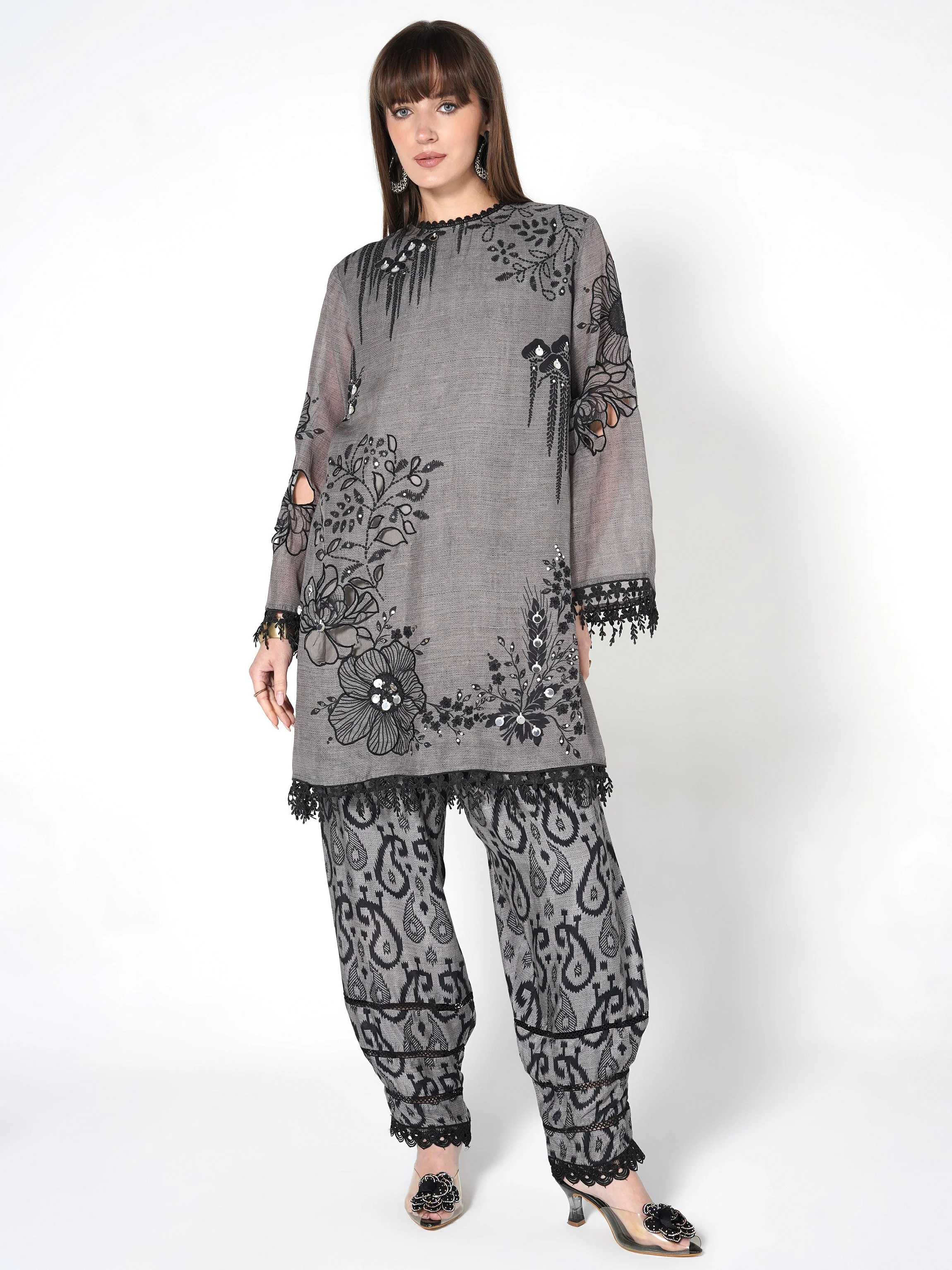 Steel Grey Printed Linen Silk Co-Ord Set - Image 5