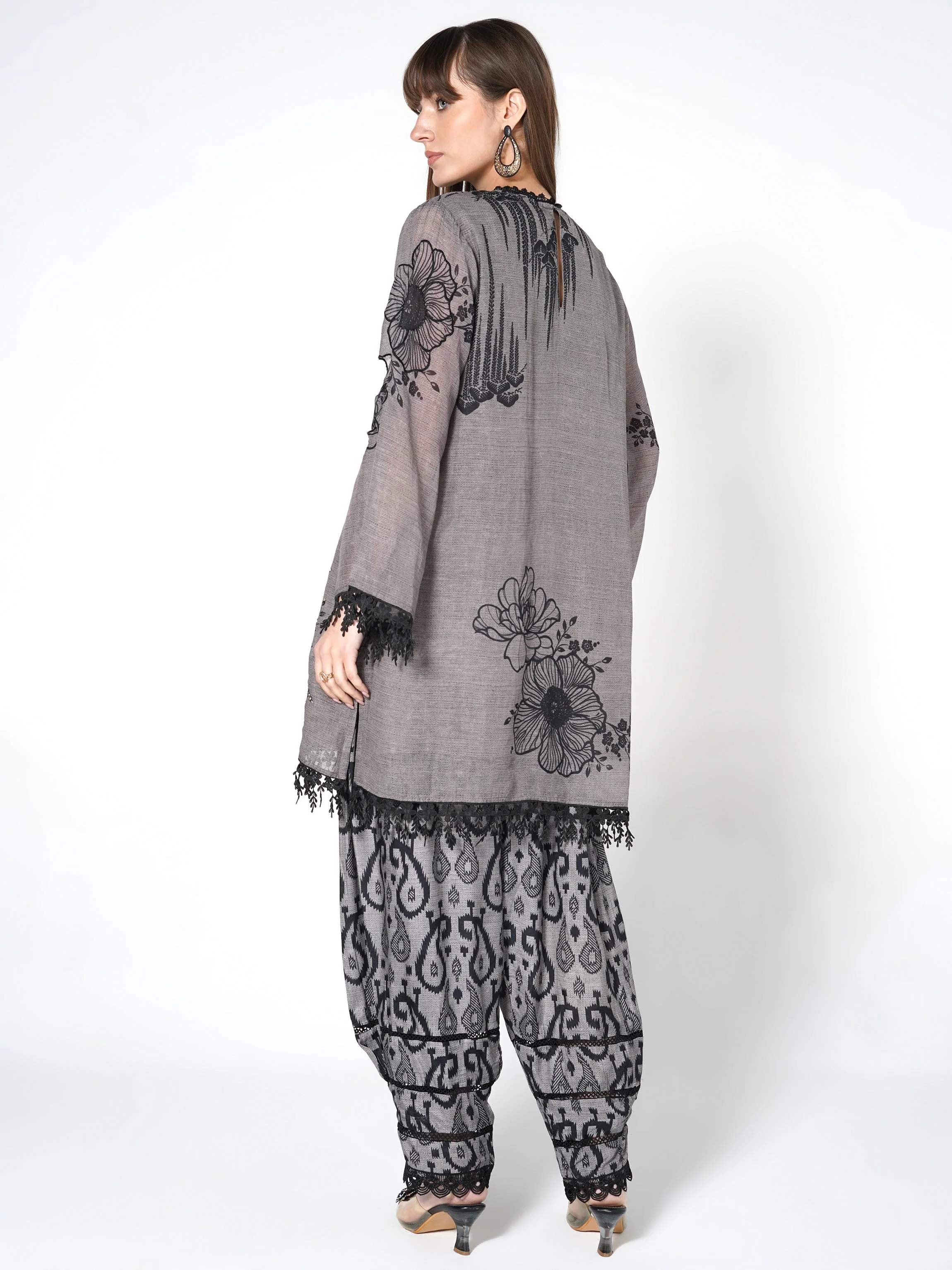 Steel Grey Printed Linen Silk Co-Ord Set - Image 7