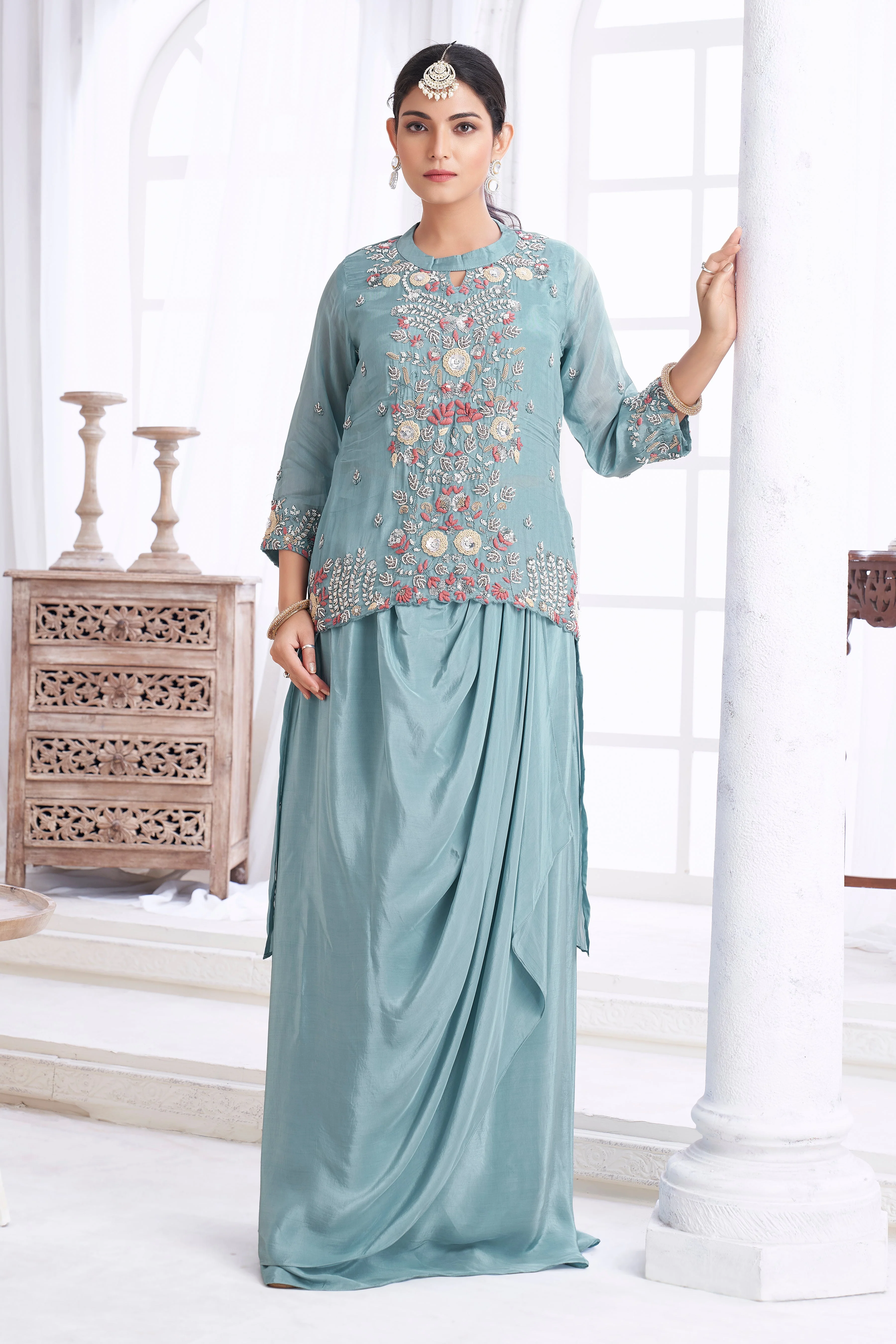 Dusty Blue Embellished Crepe Silk Skirt Set