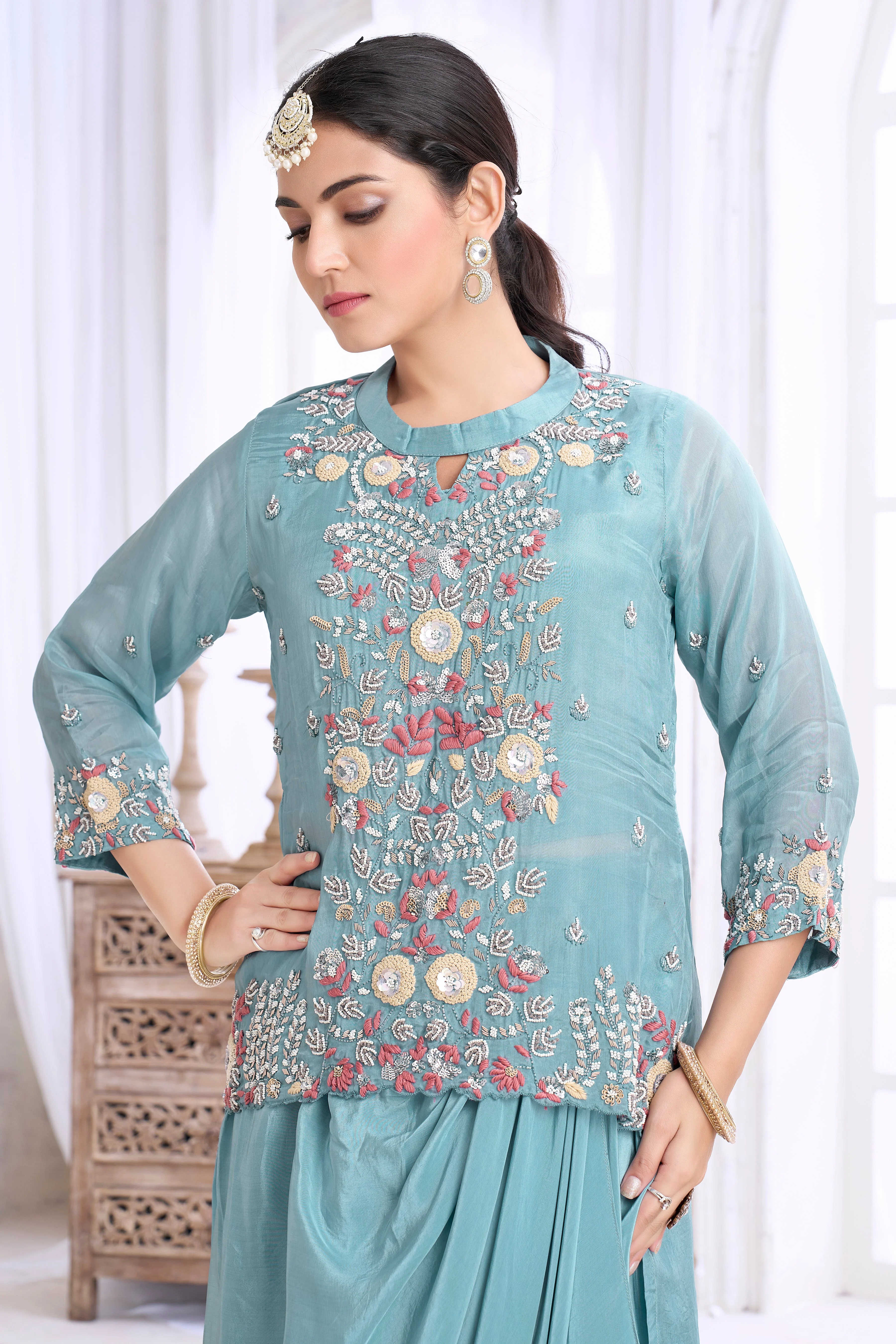 Dusty Blue Embellished Crepe Silk Skirt Set - Image 2