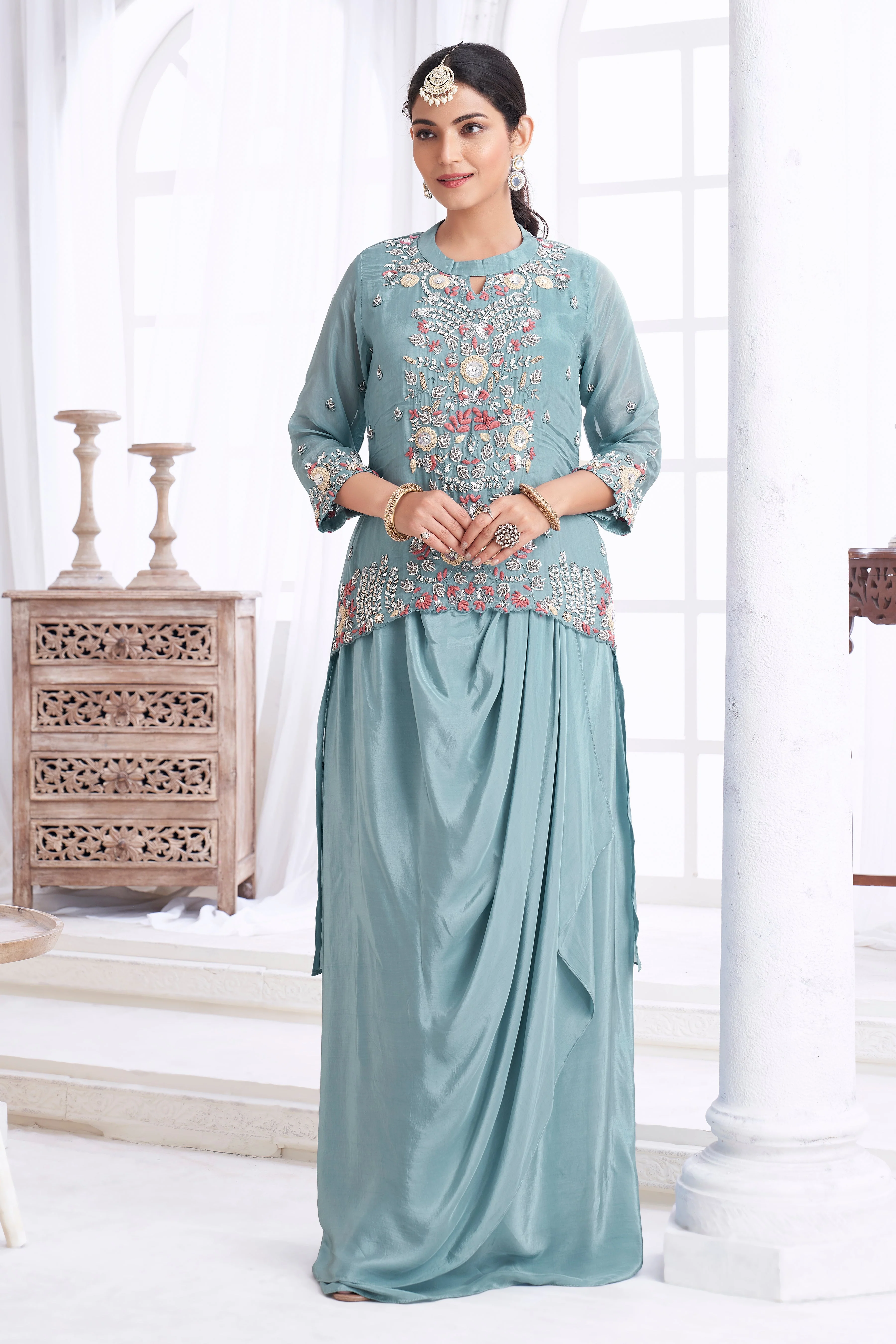 Dusty Blue Embellished Crepe Silk Skirt Set - Image 3