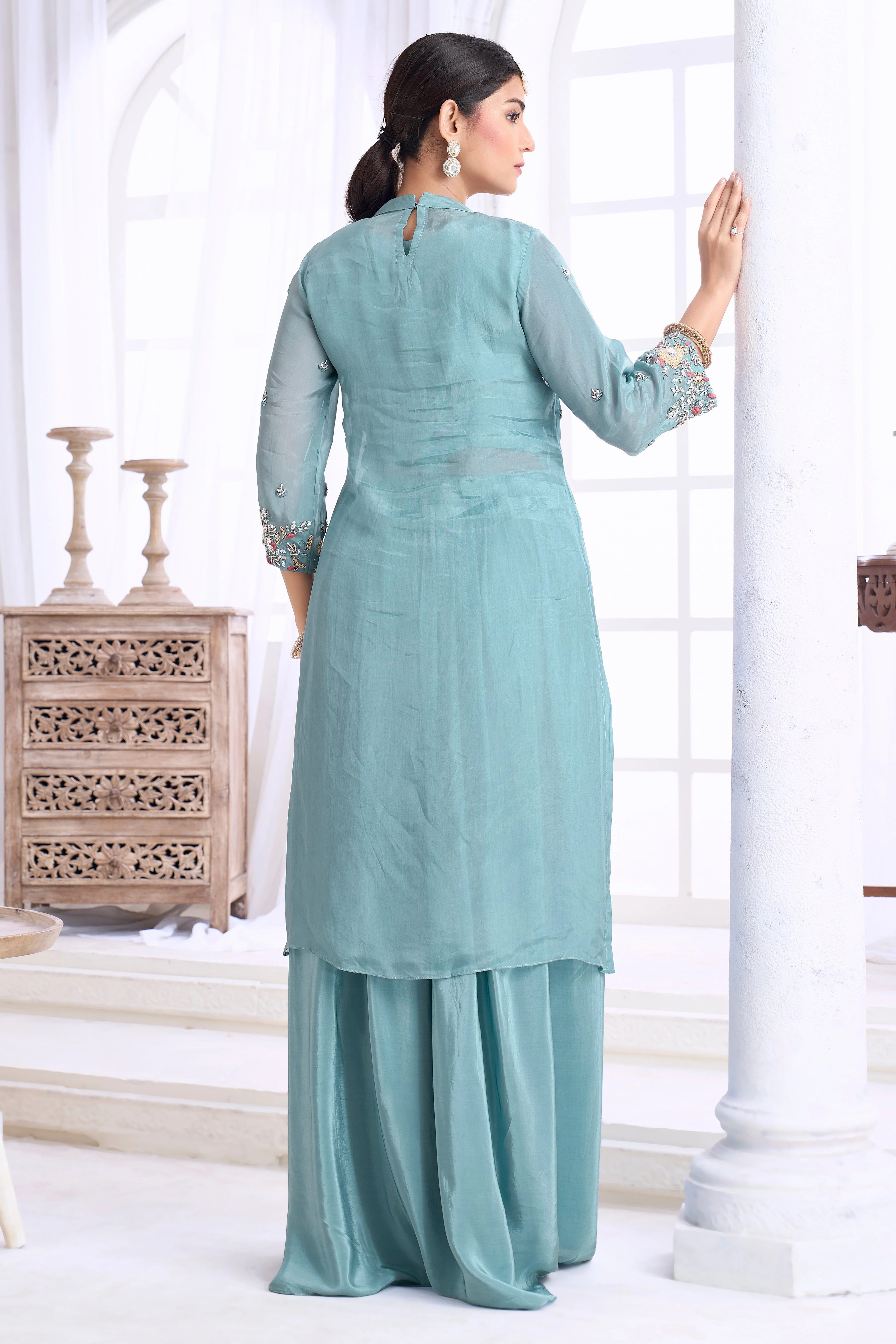 Dusty Blue Embellished Crepe Silk Skirt Set - Image 4