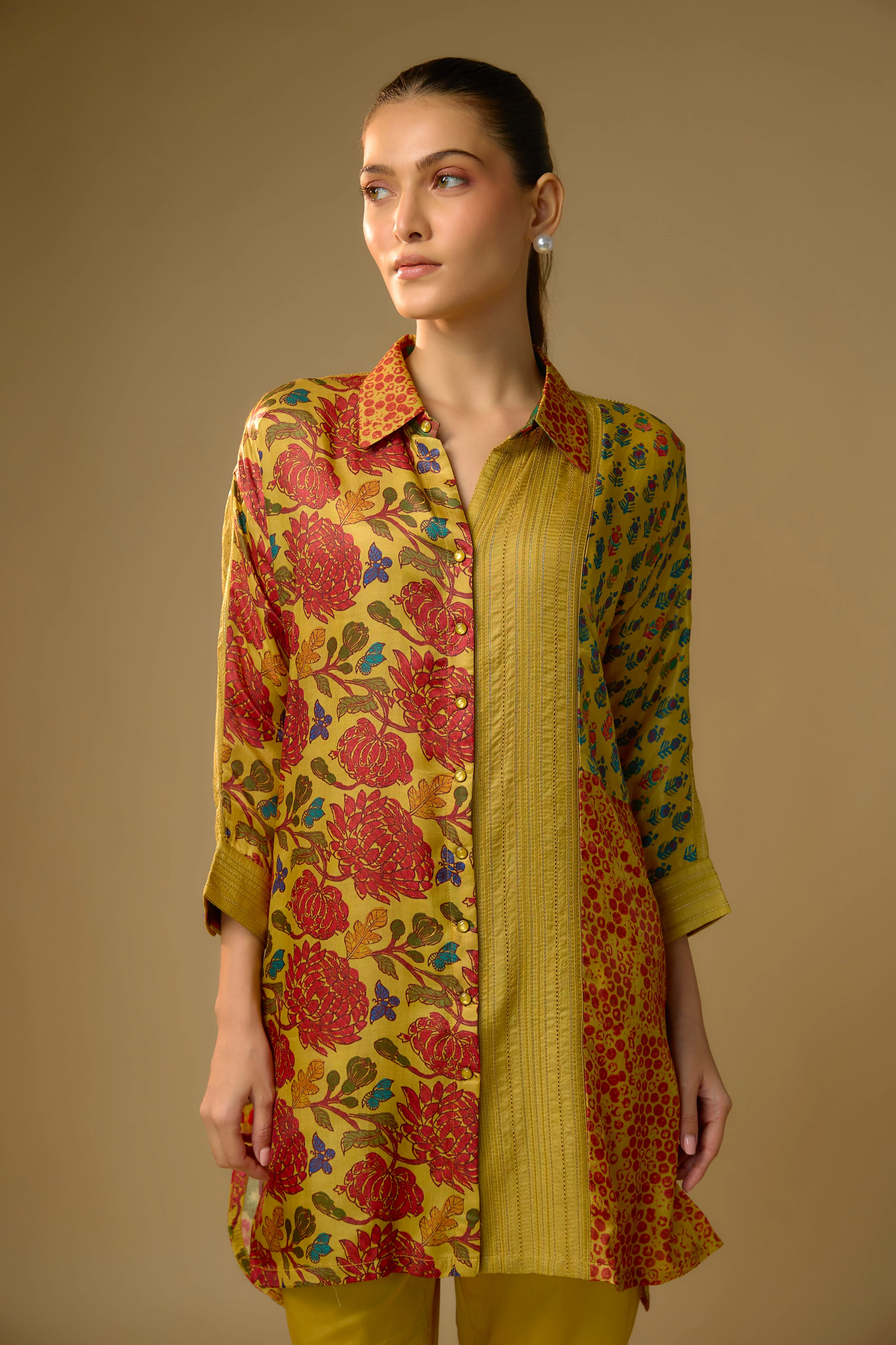 Summer Yellow Printed Slub Cotton Silk Tunic Top - Image 2