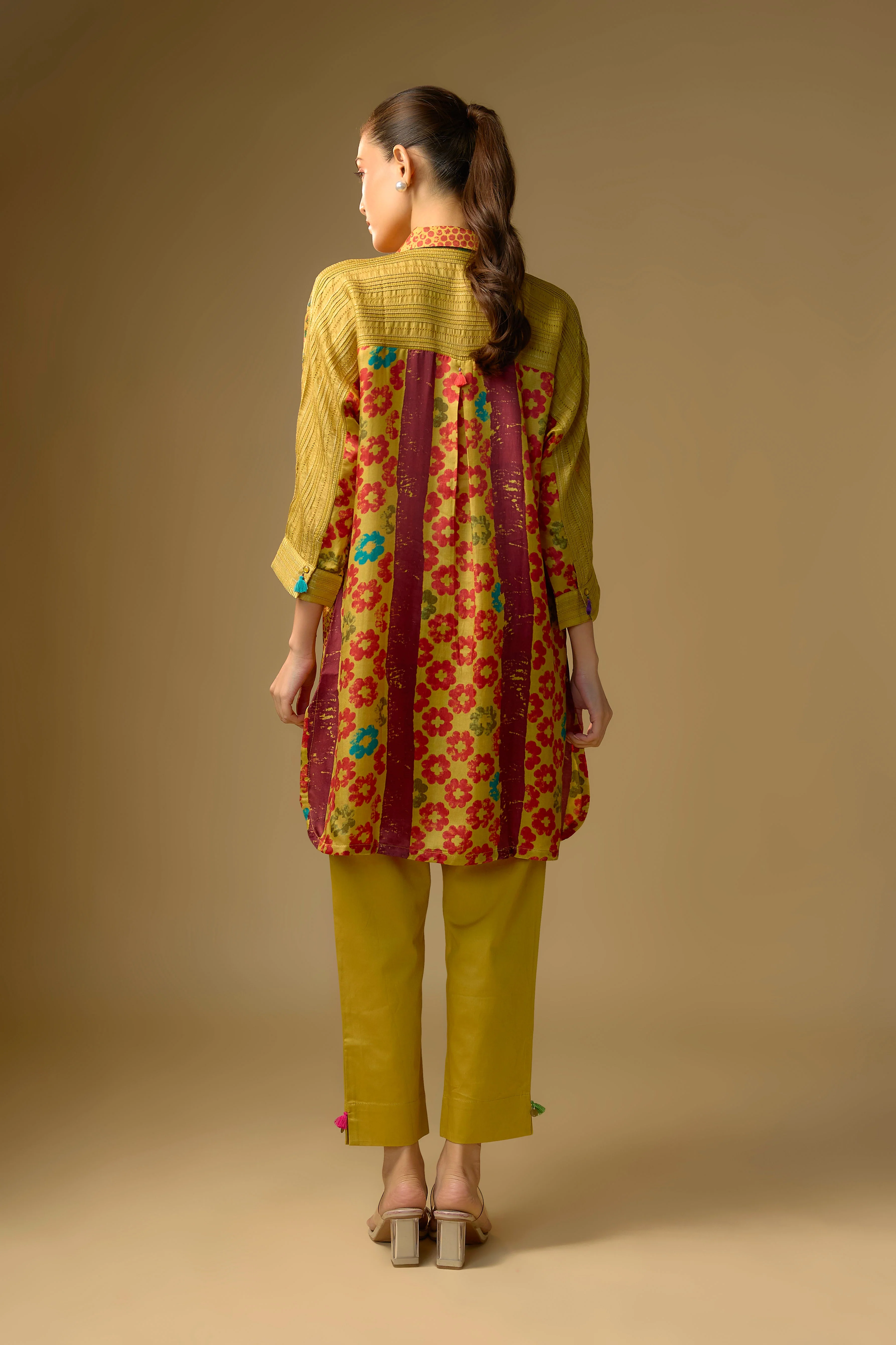 Summer Yellow Printed Slub Cotton Silk Tunic Top - Image 3