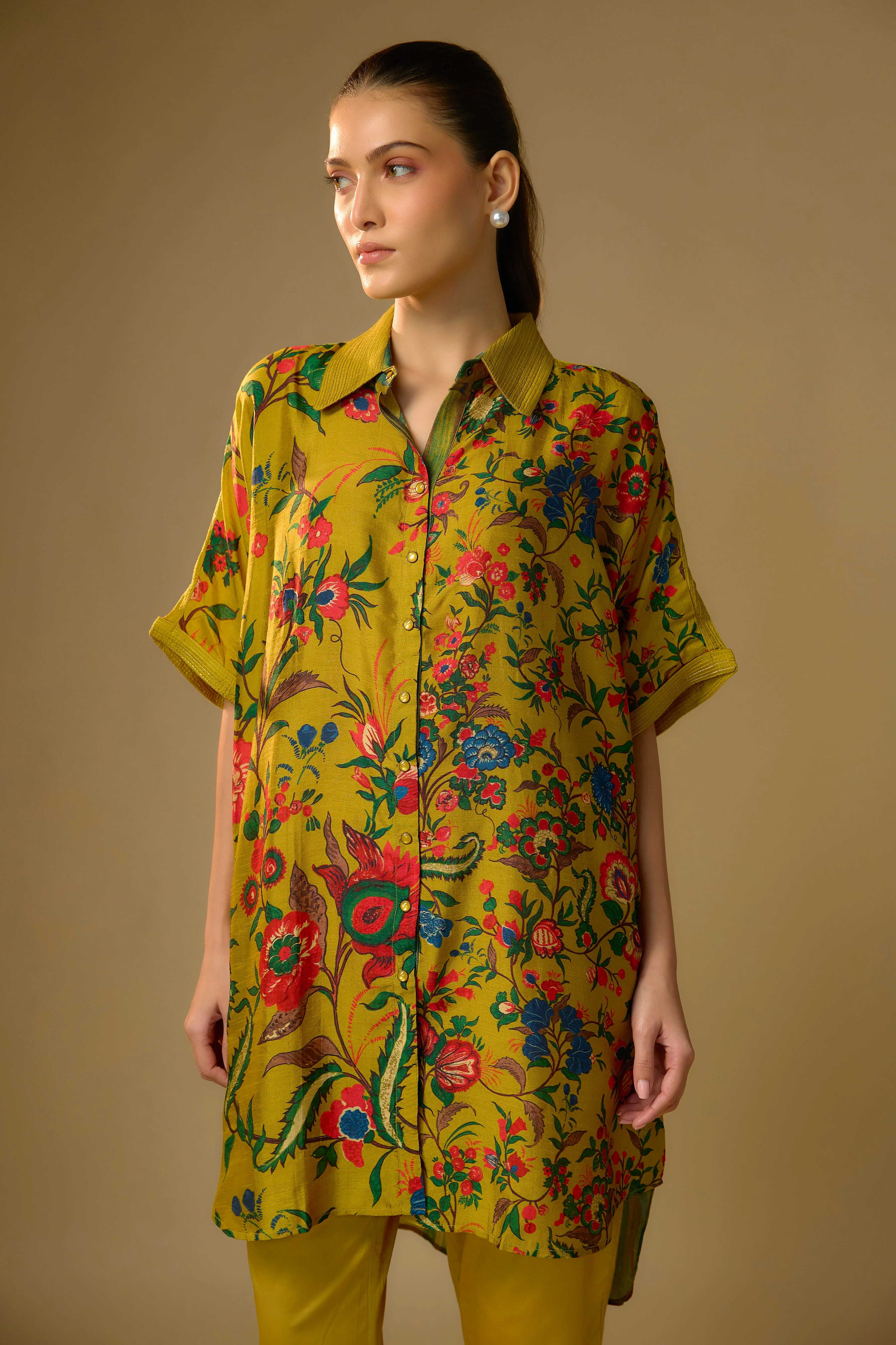 Summer Yellow Printed Slub Cotton Silk Tunic Top - Image 2