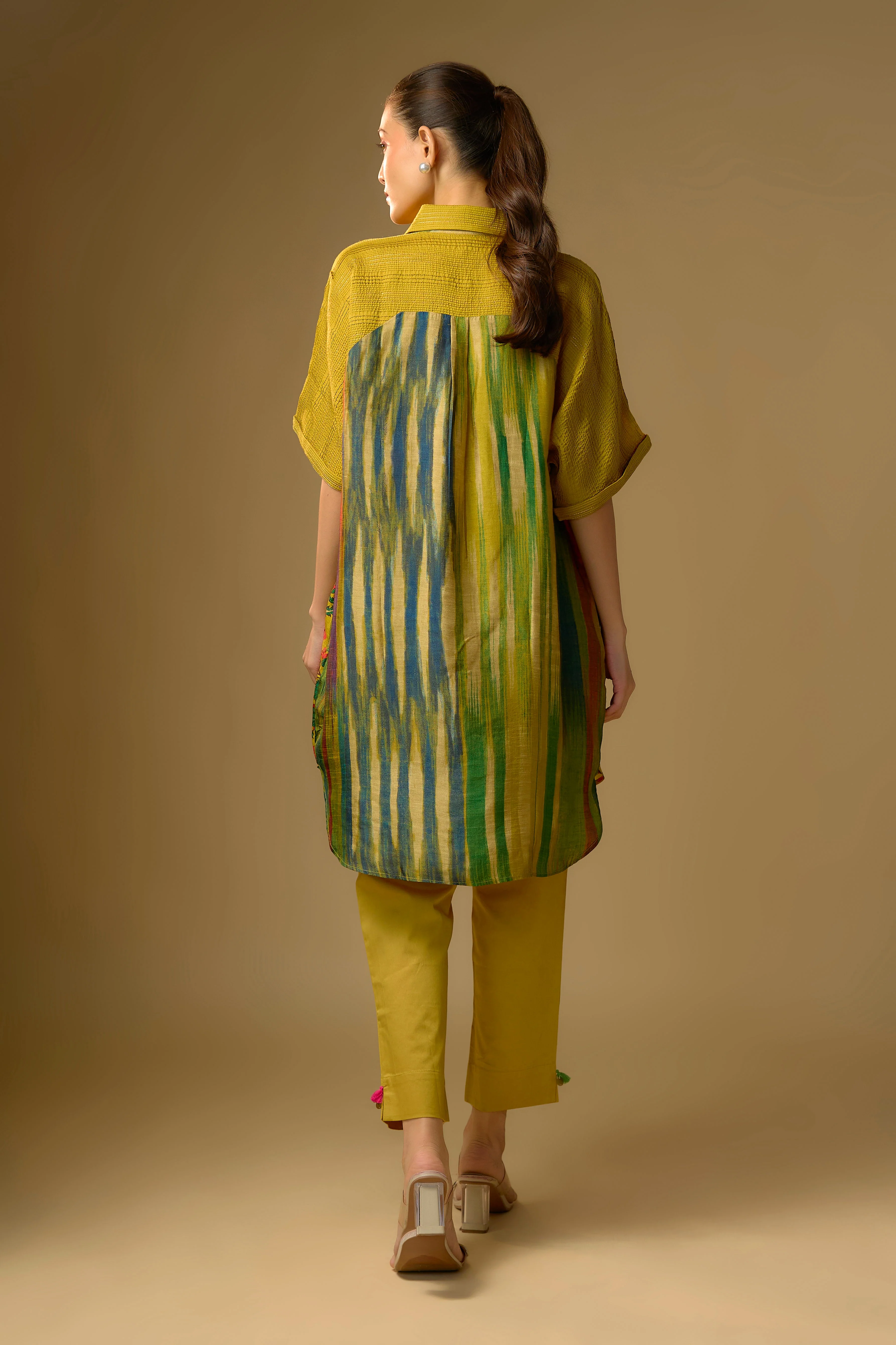 Summer Yellow Printed Slub Cotton Silk Tunic Top - Image 3