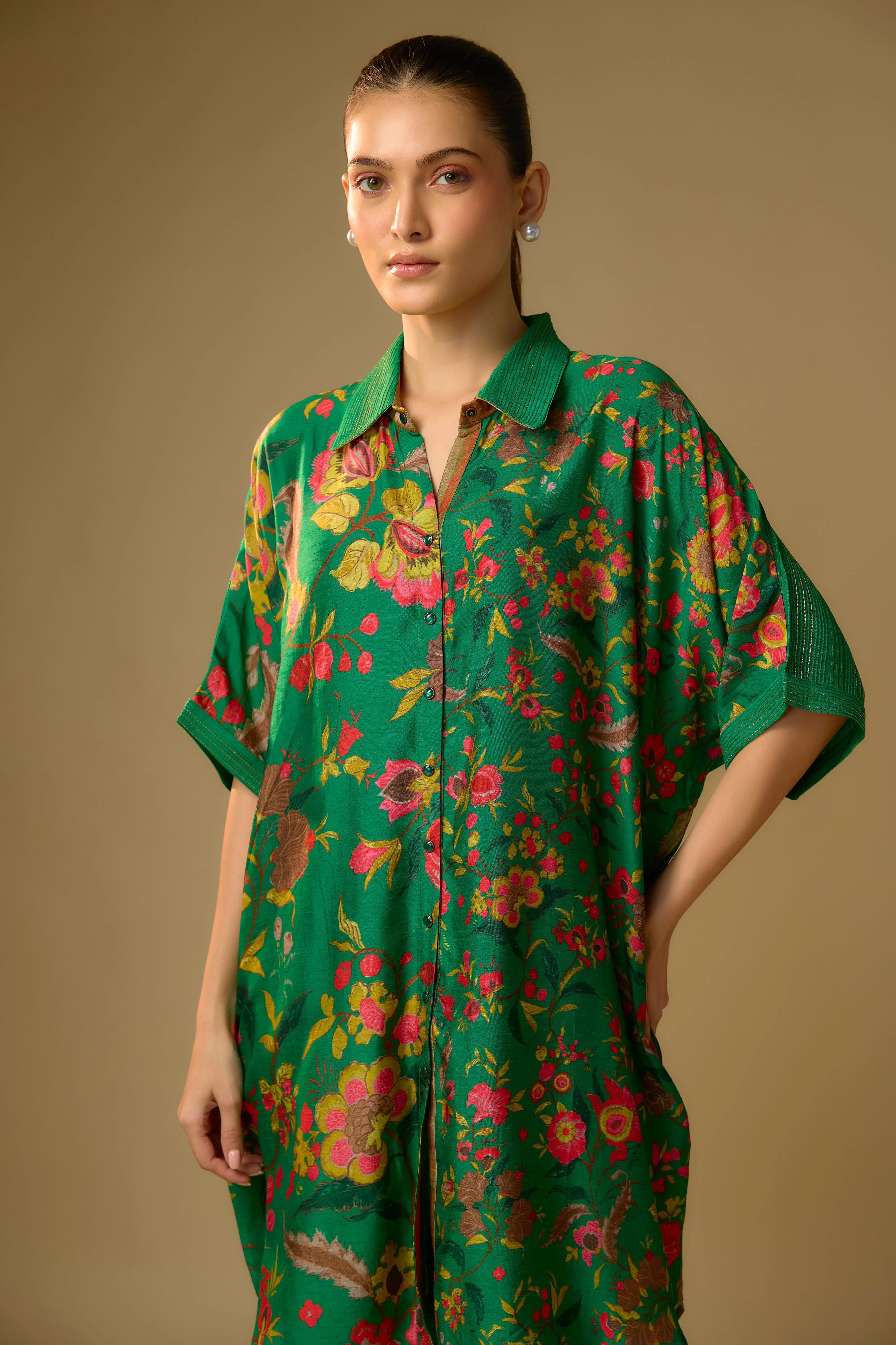 Summer Green Printed Slub Cotton Silk Tunic Top - Image 2
