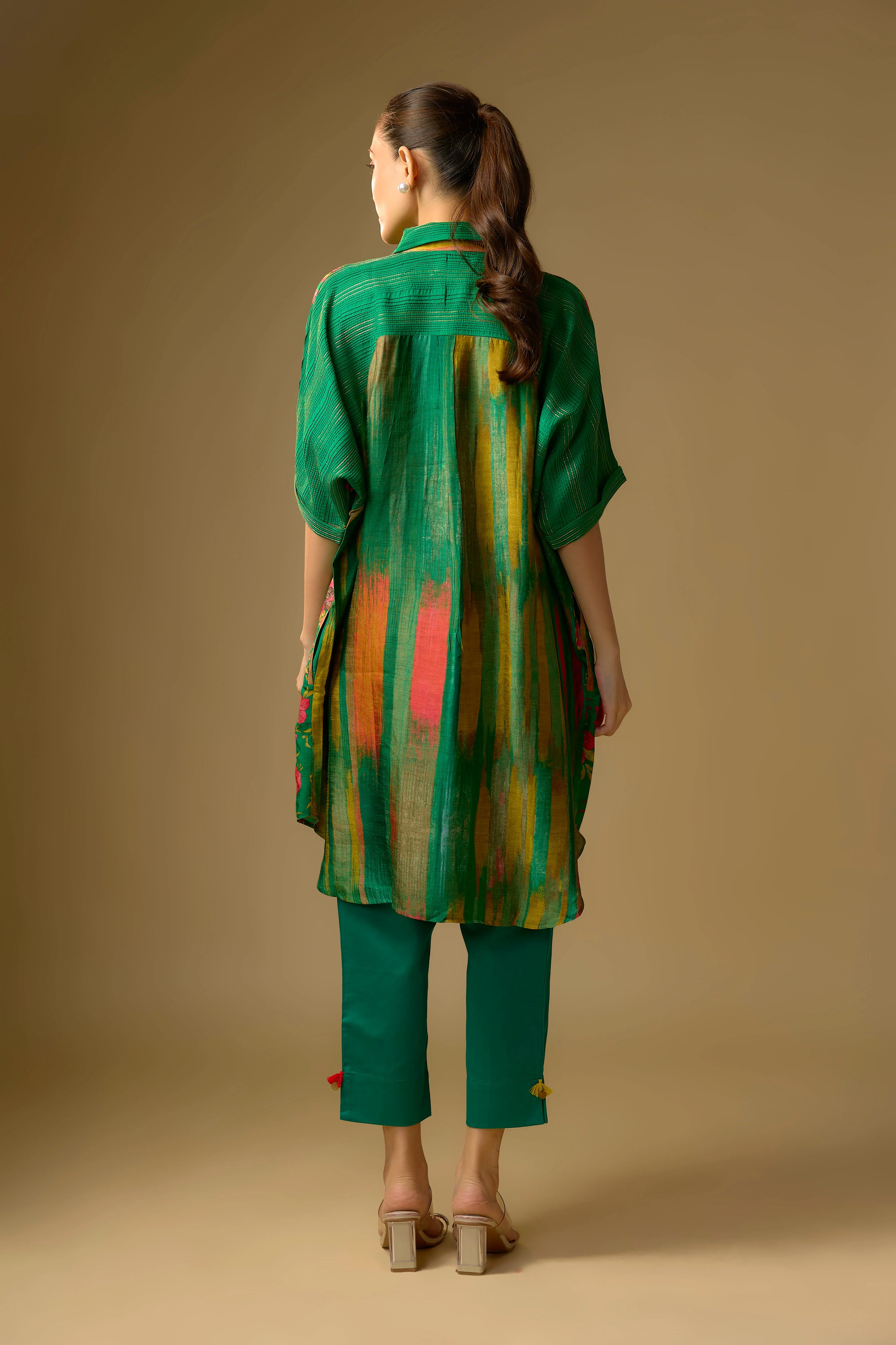 Summer Green Printed Slub Cotton Silk Tunic Top - Image 3