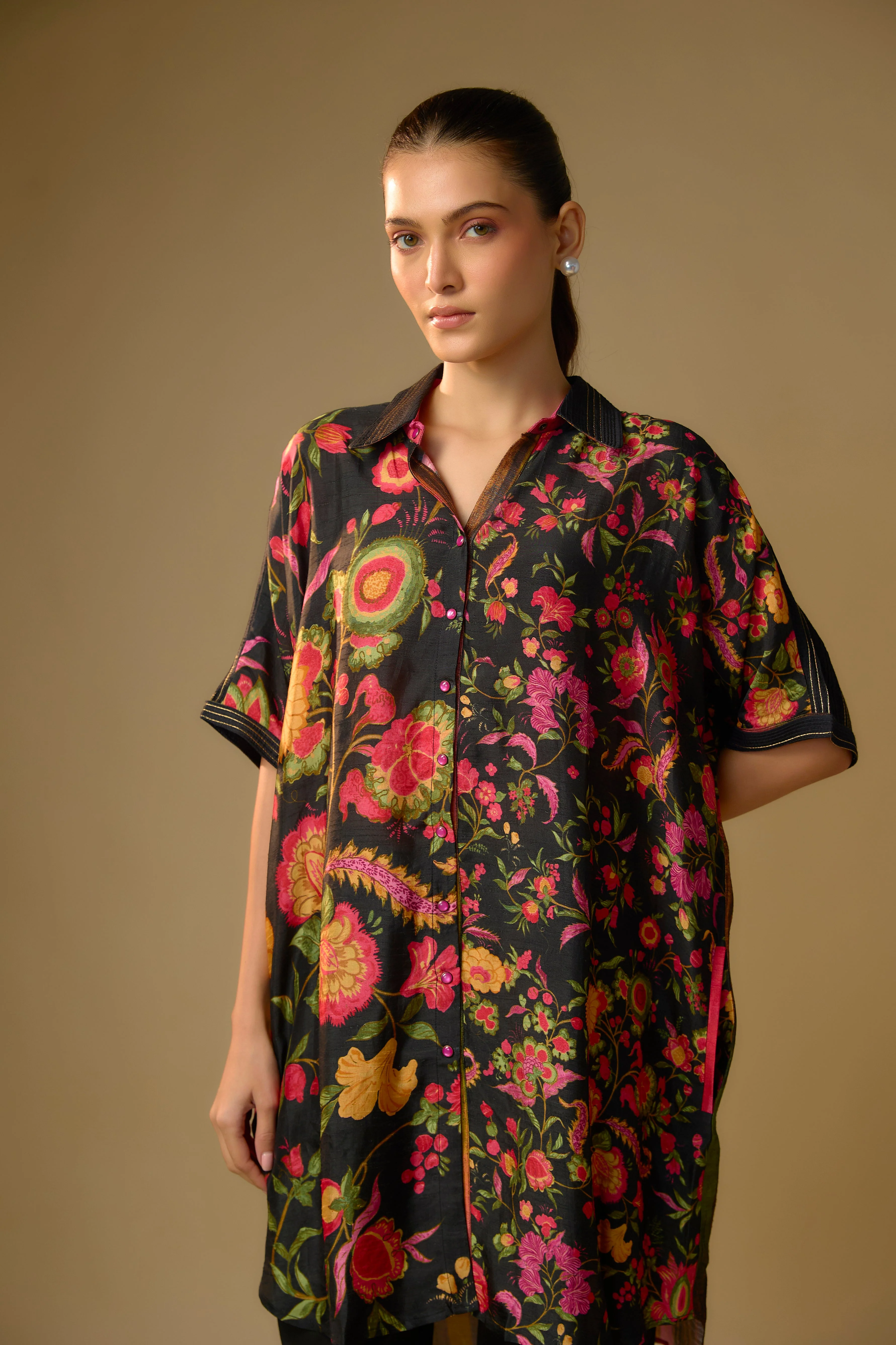 Black Printed Slub Cotton Silk Tunic Top - Image 2