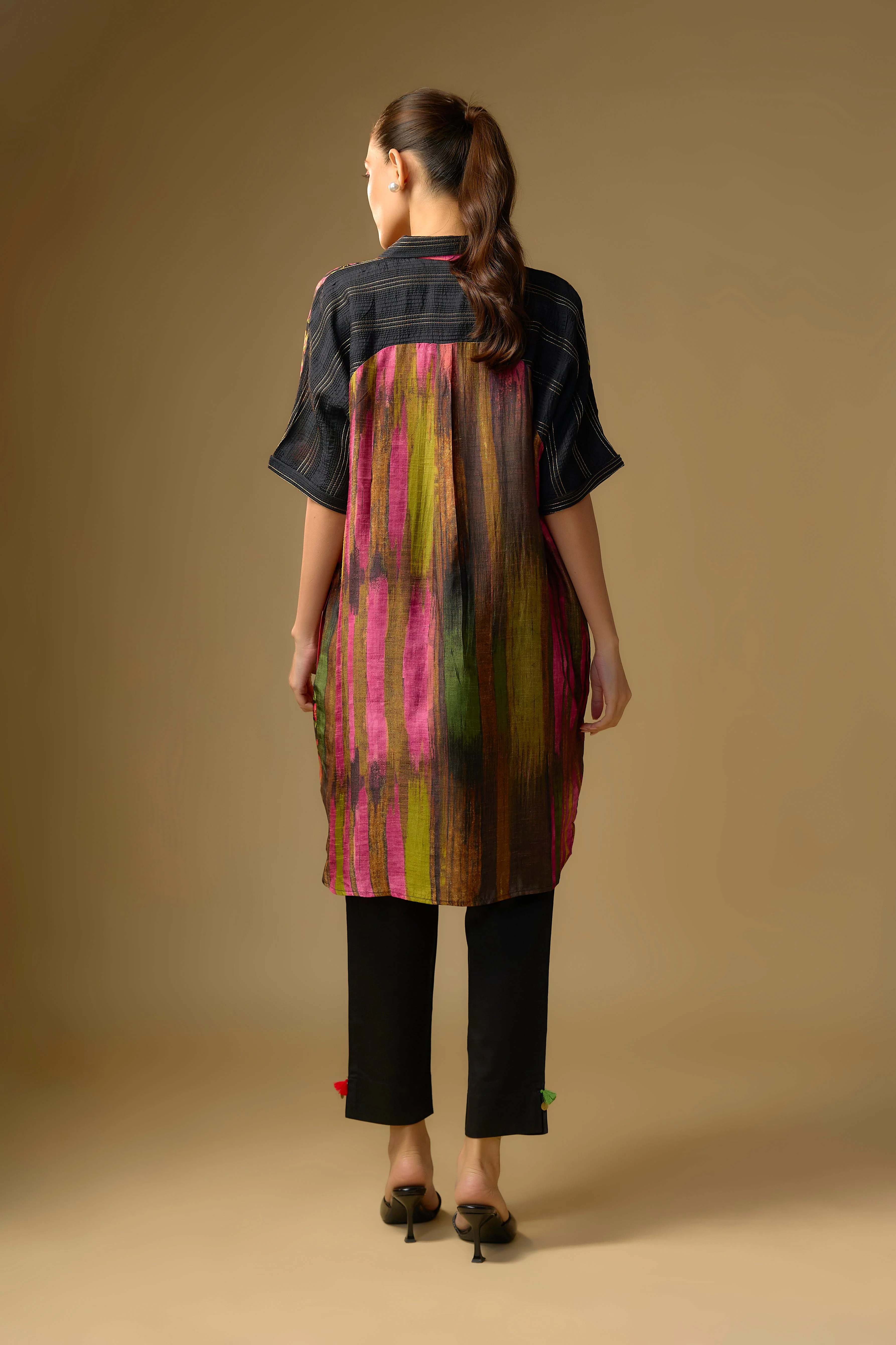 Black Printed Slub Cotton Silk Tunic Top - Image 3