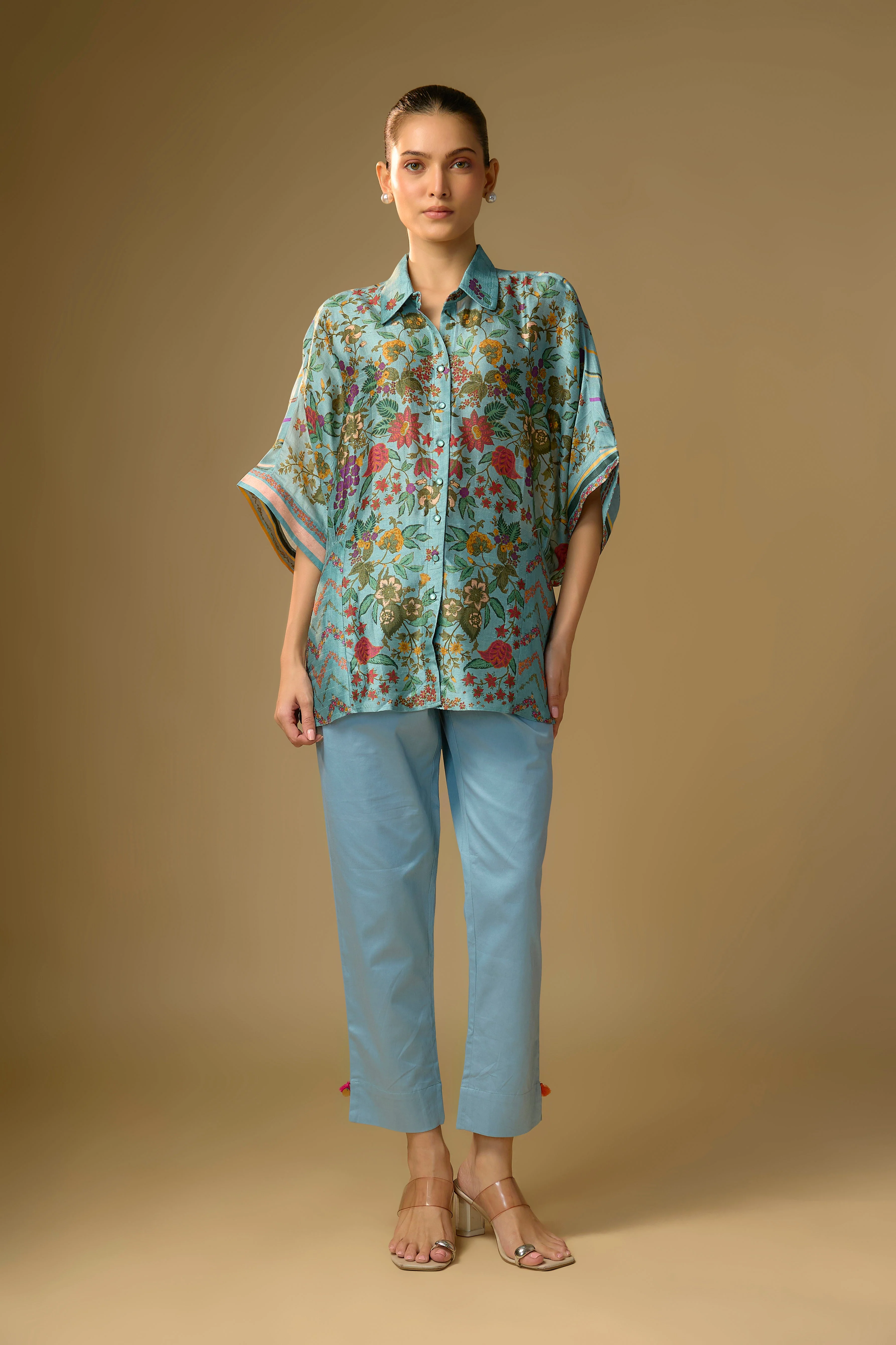 Light Blue Printed Slub Cotton Silk Tunic Top