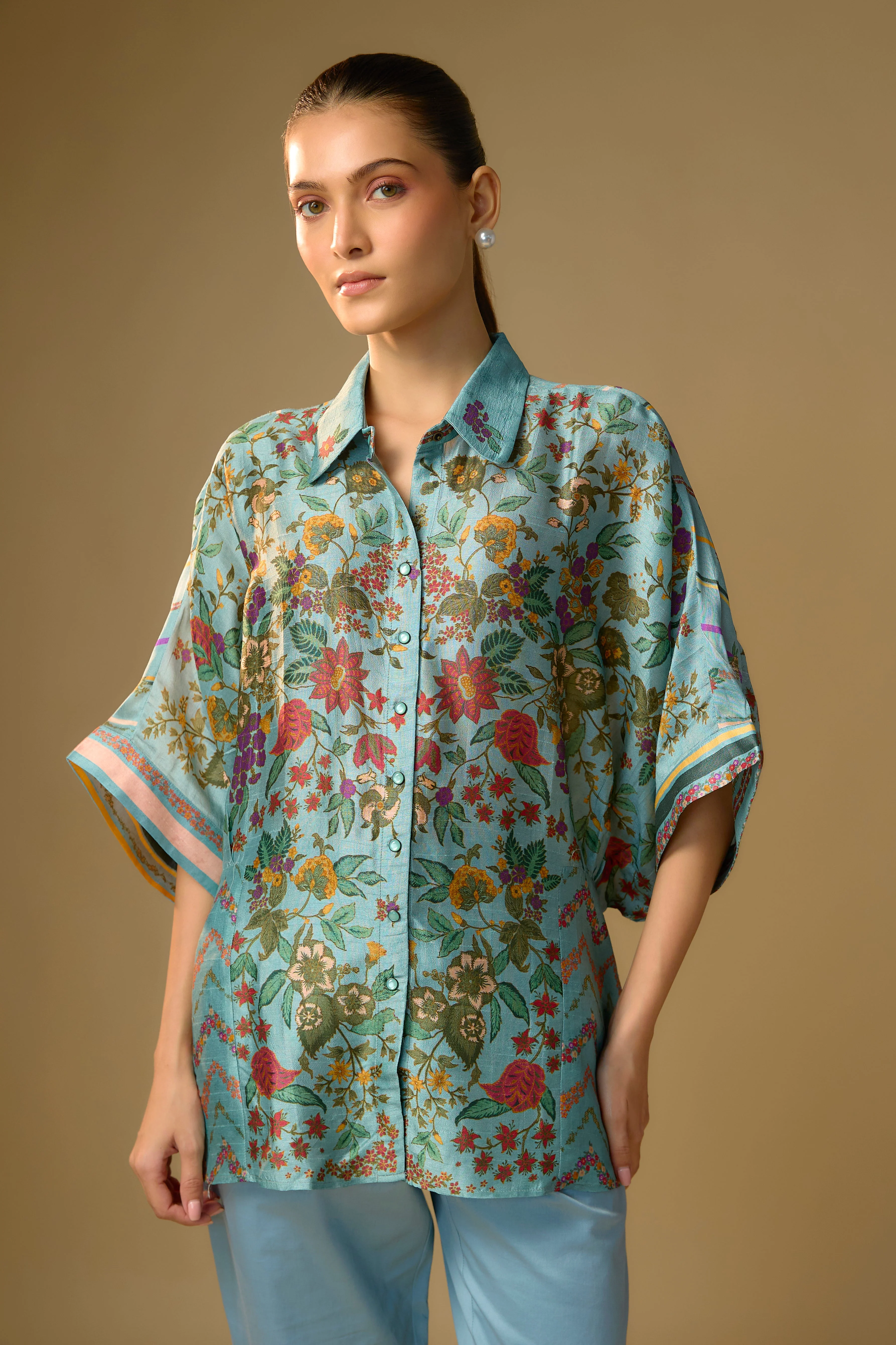 Light Blue Printed Slub Cotton Silk Tunic Top - Image 2