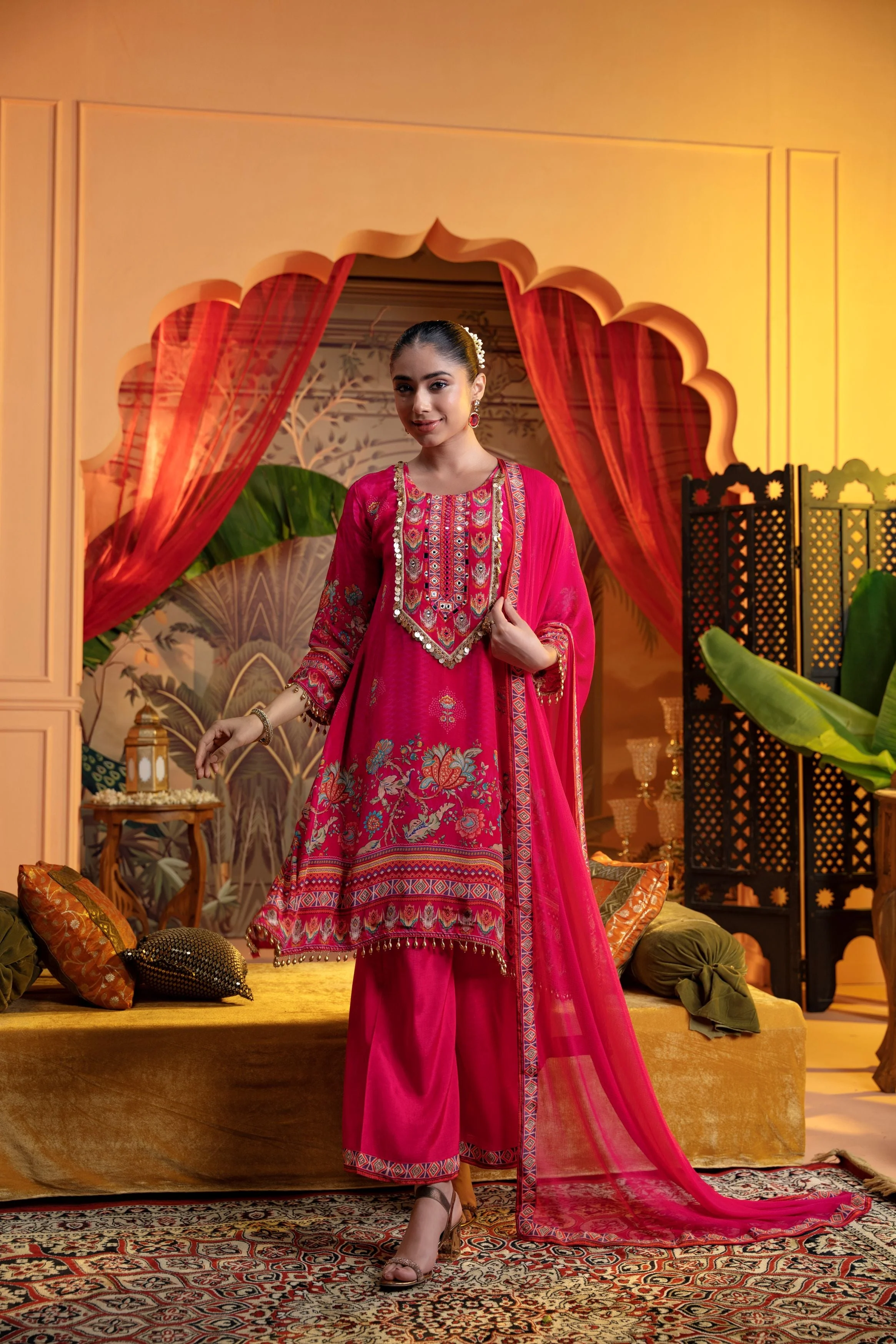Dark Pink Embellished Satin Silk Pant Set - Image 2