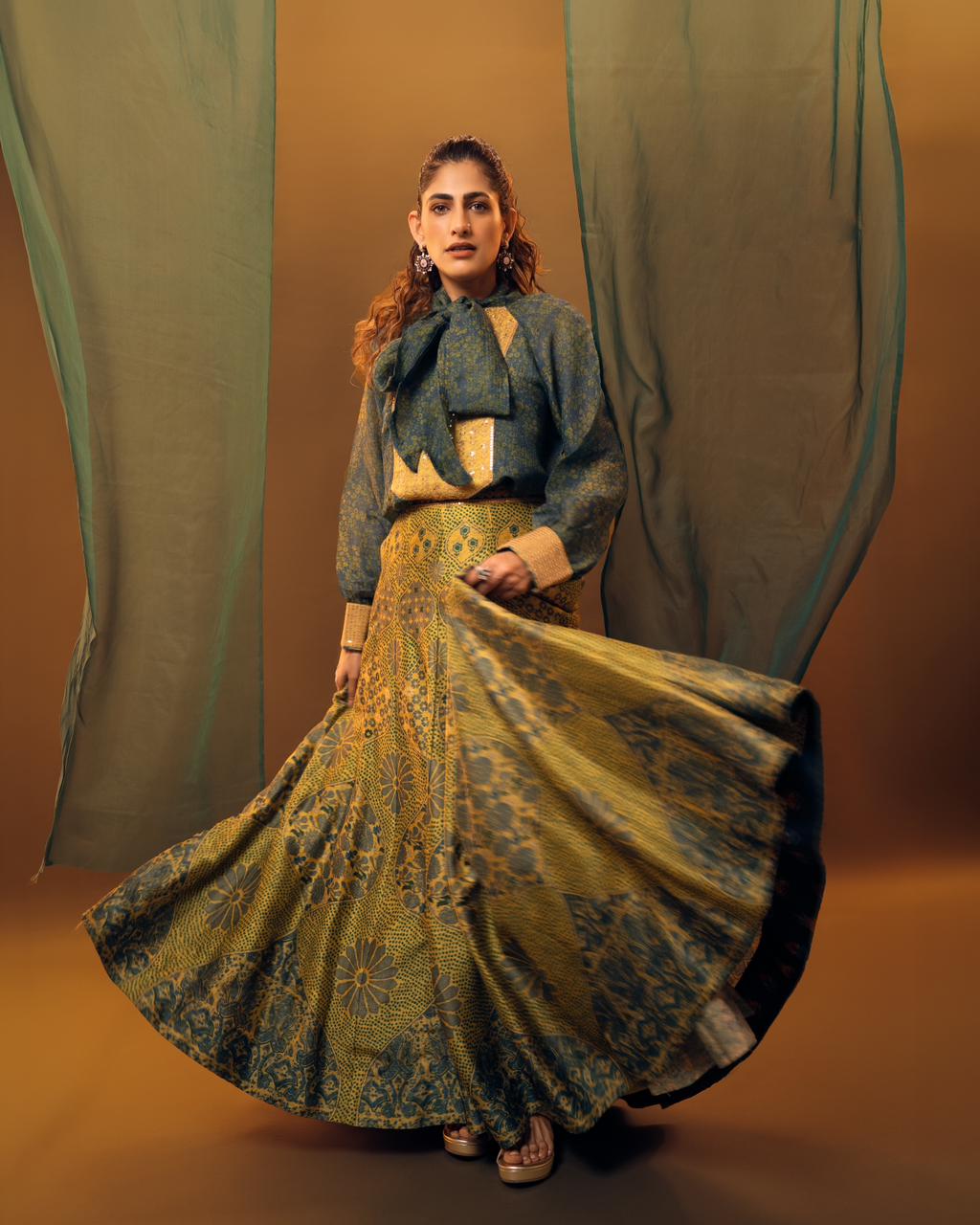 Sunflower Printed Crepe Silk Skirt Set