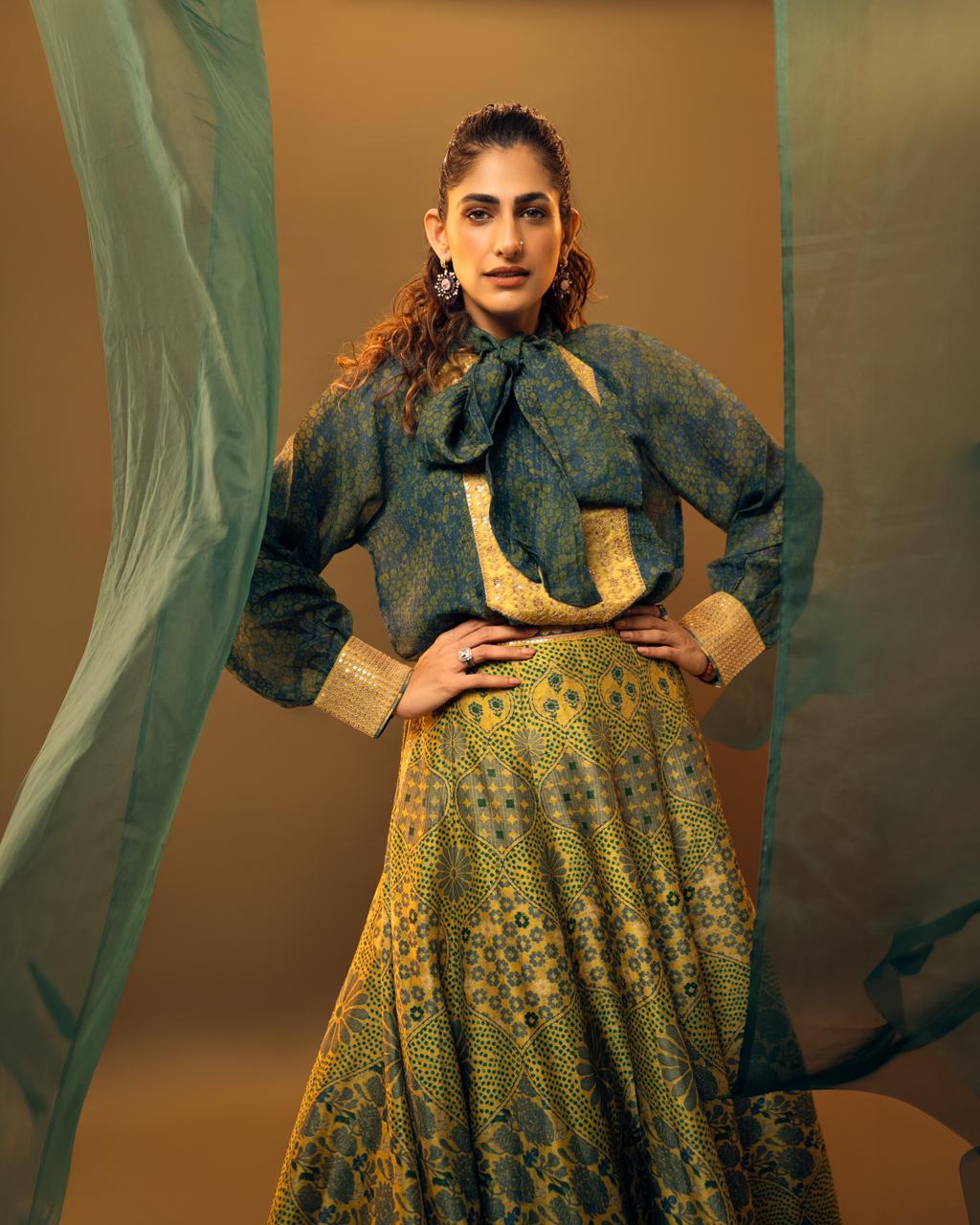 Sunflower Printed Crepe Silk Skirt Set - Image 3