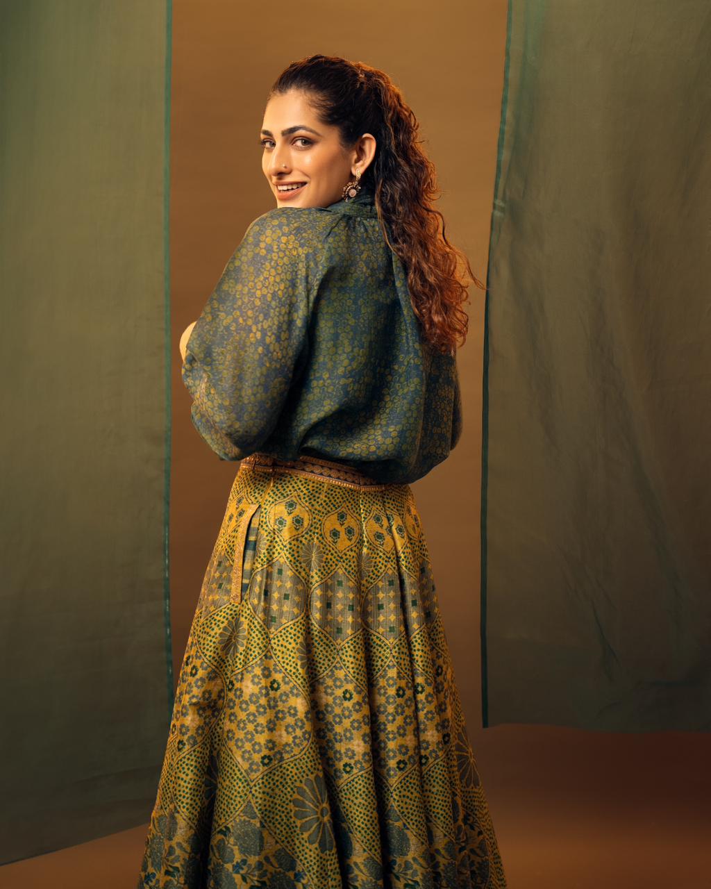 Sunflower Printed Crepe Silk Skirt Set - Image 5