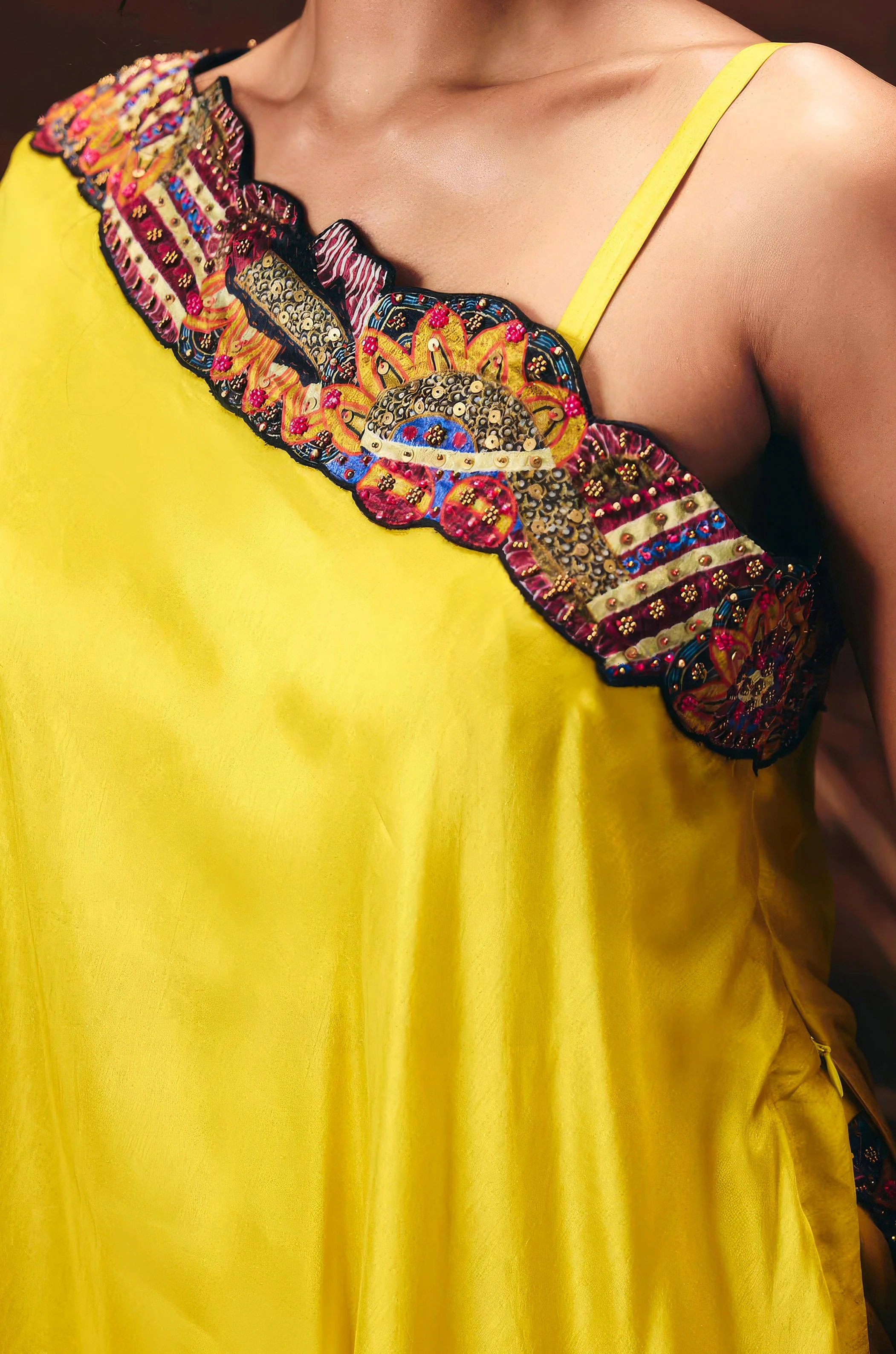 Canary Yellow Embellished Chinon Silk Tunic Set - Image 2