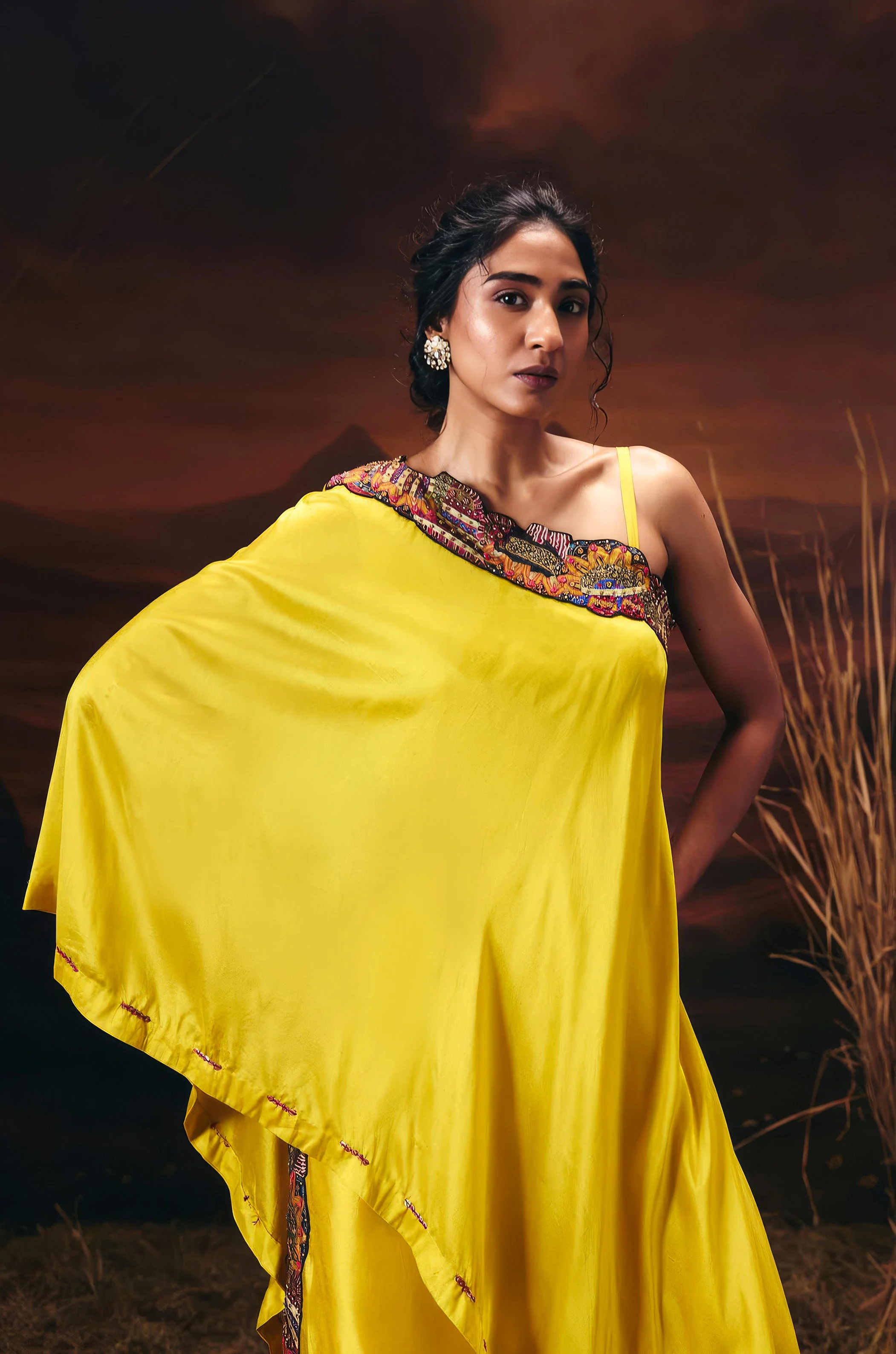 Canary Yellow Embellished Chinon Silk Tunic Set - Image 4