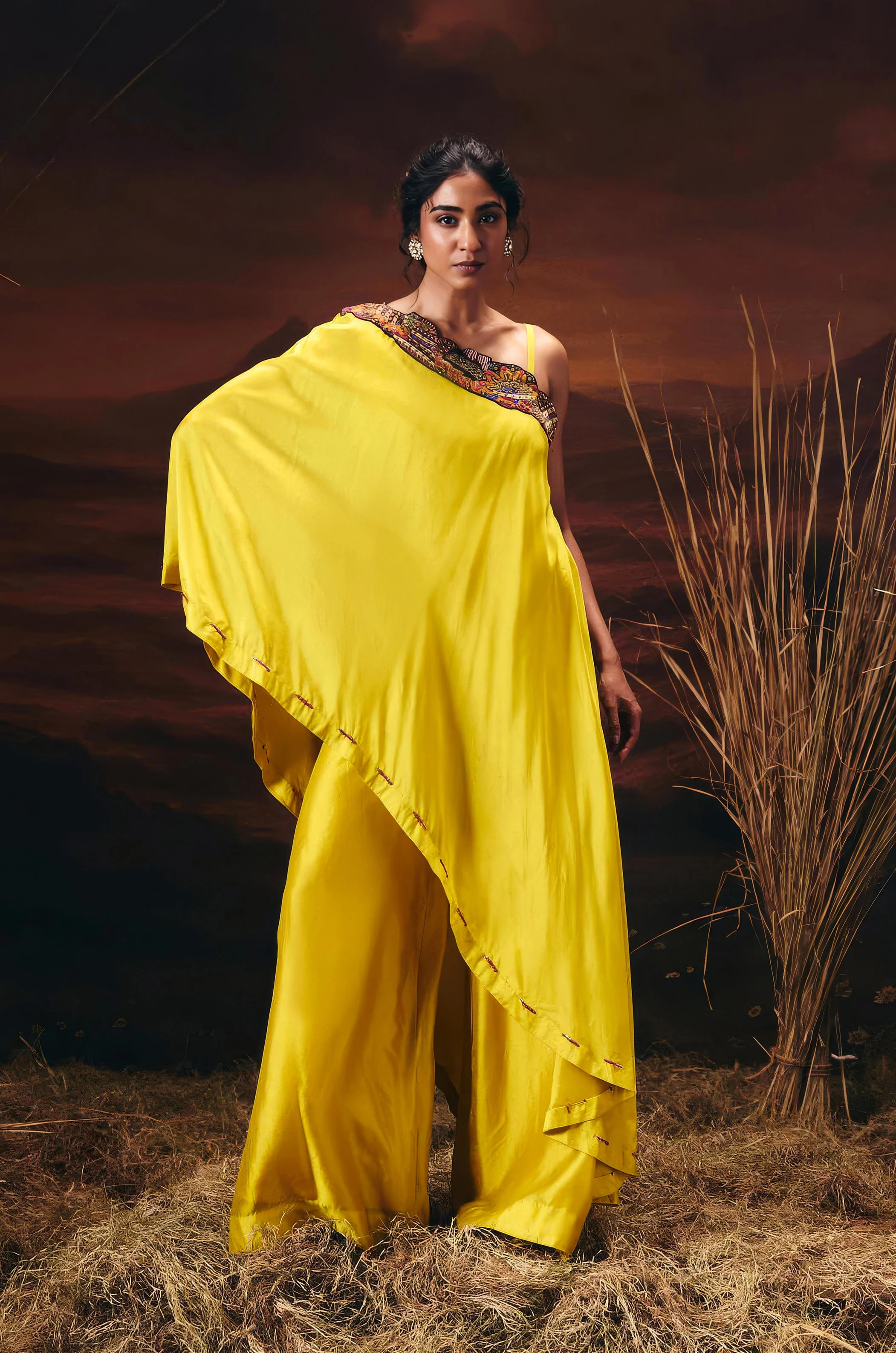 Canary Yellow Embellished Chinon Silk Tunic Set - Image 5