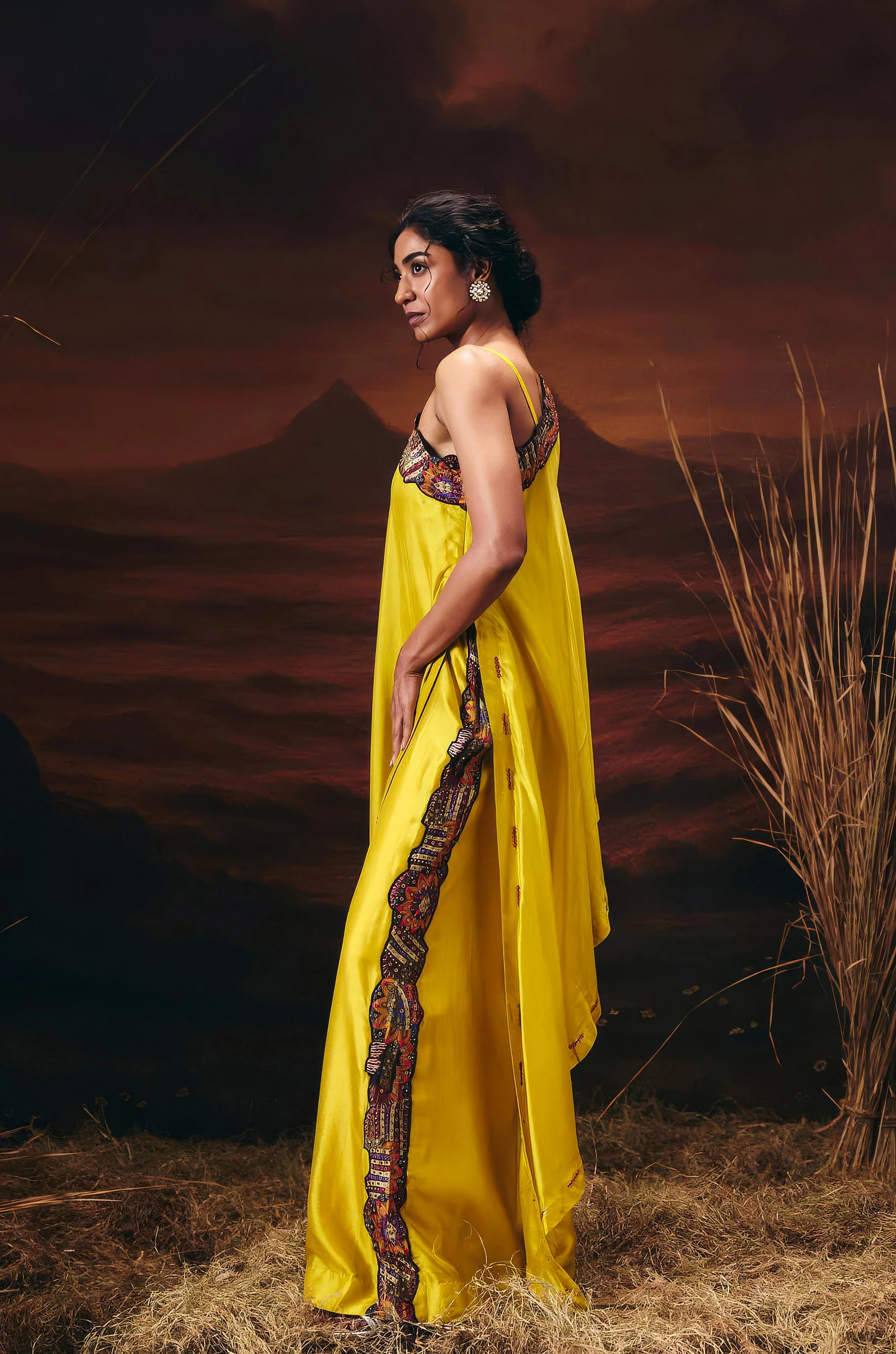 Canary Yellow Embellished Chinon Silk Tunic Set - Image 6