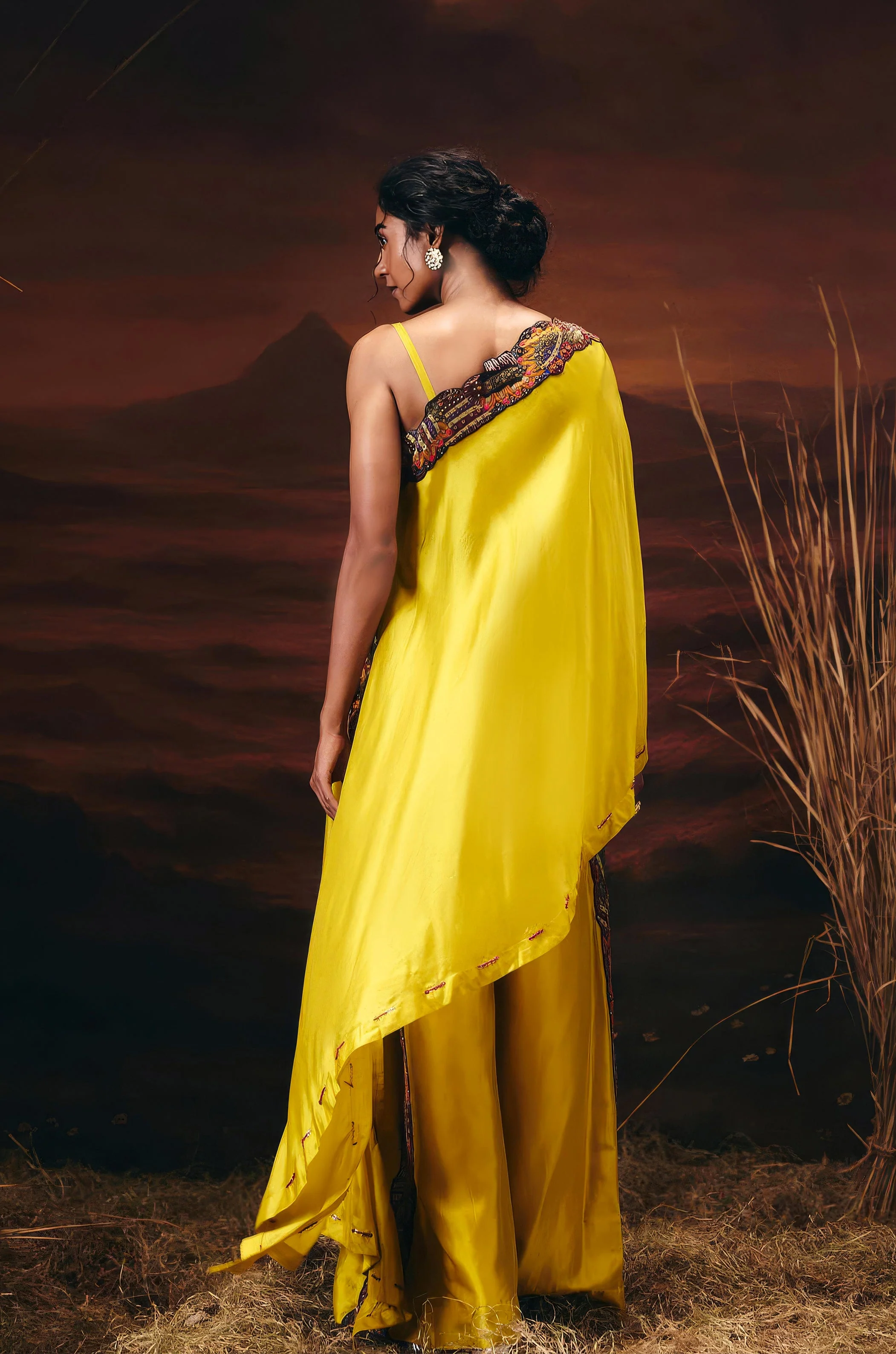 Canary Yellow Embellished Chinon Silk Tunic Set - Image 7