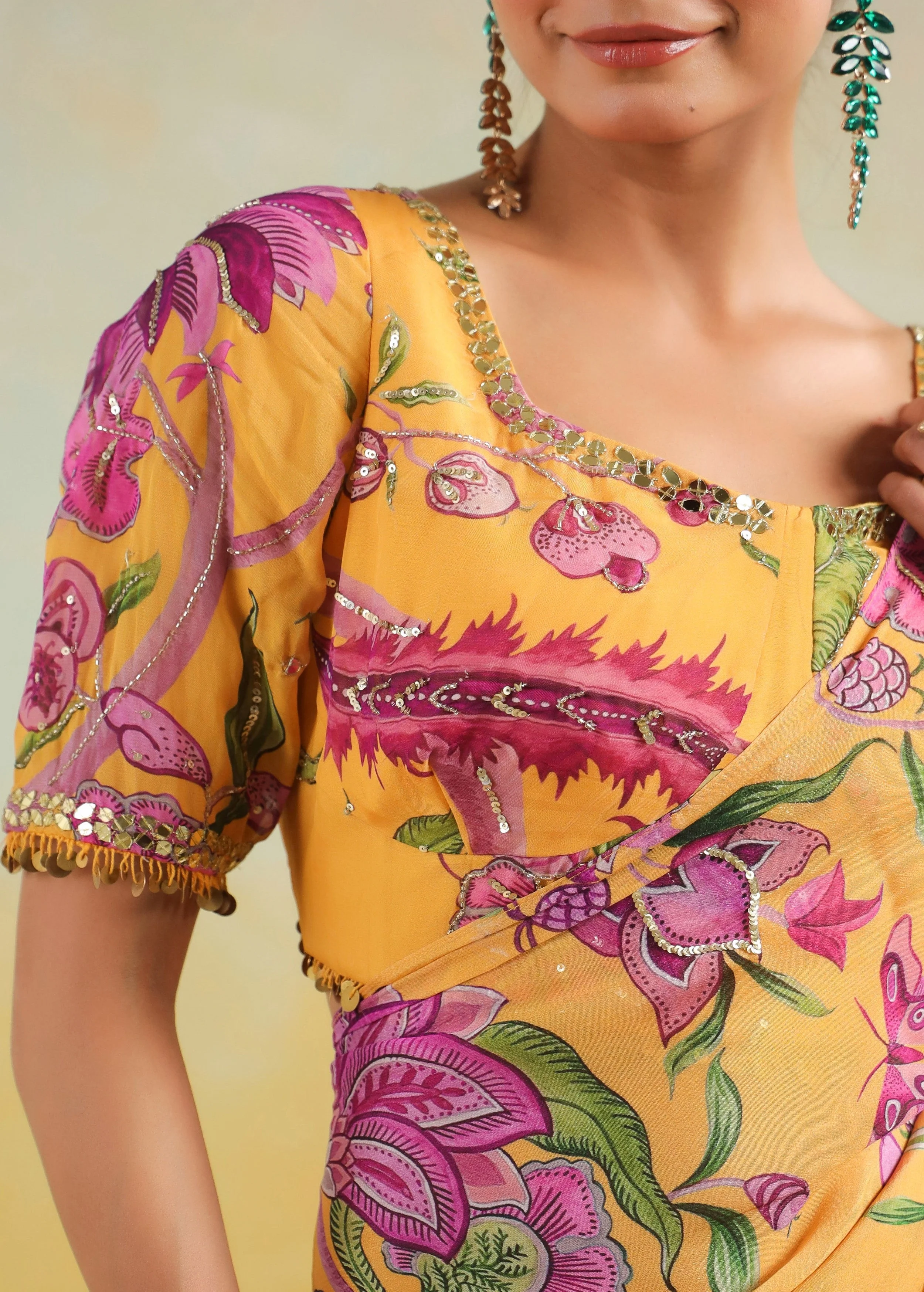 Sunflower Yellow Printed Chinon Silk Saree - Image 2
