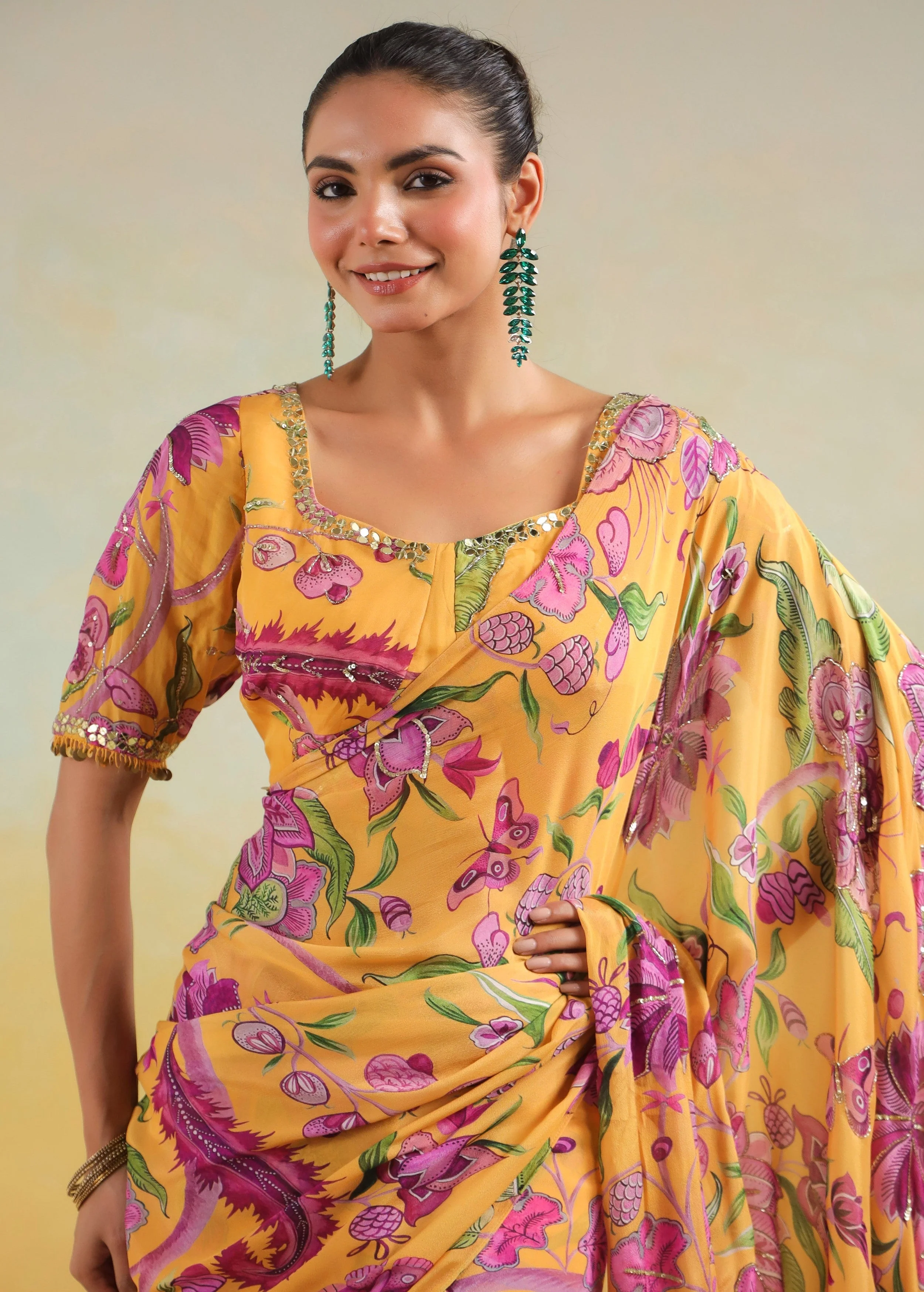 Sunflower Yellow Printed Chinon Silk Saree - Image 3