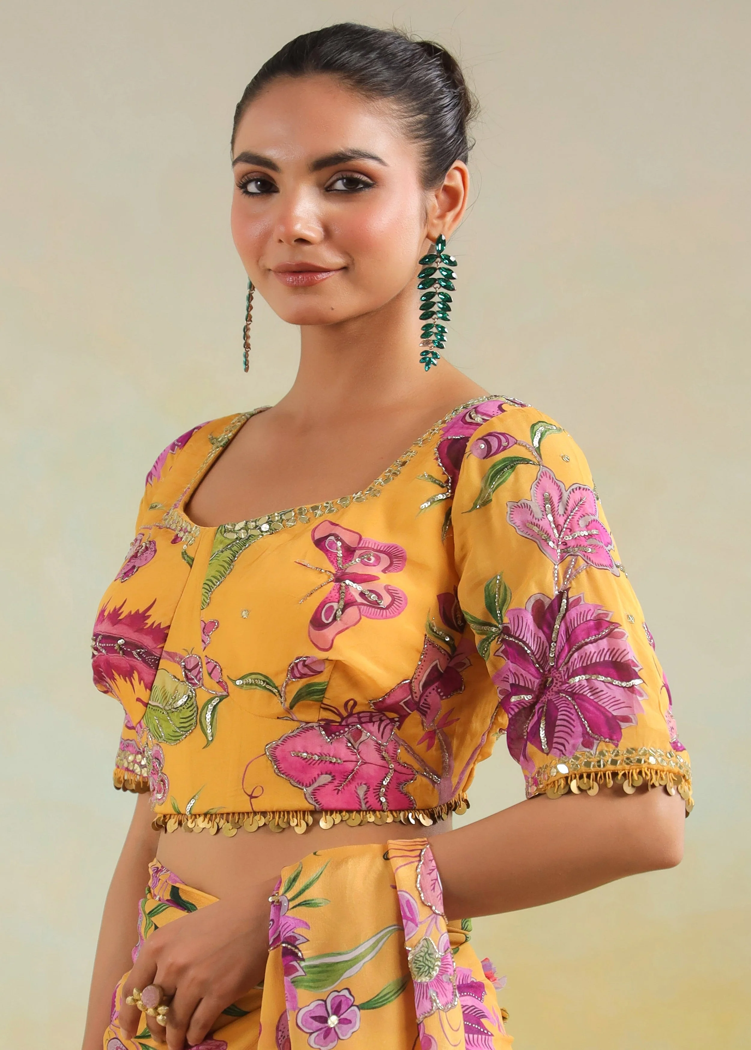 Sunflower Yellow Printed Chinon Silk Saree - Image 4