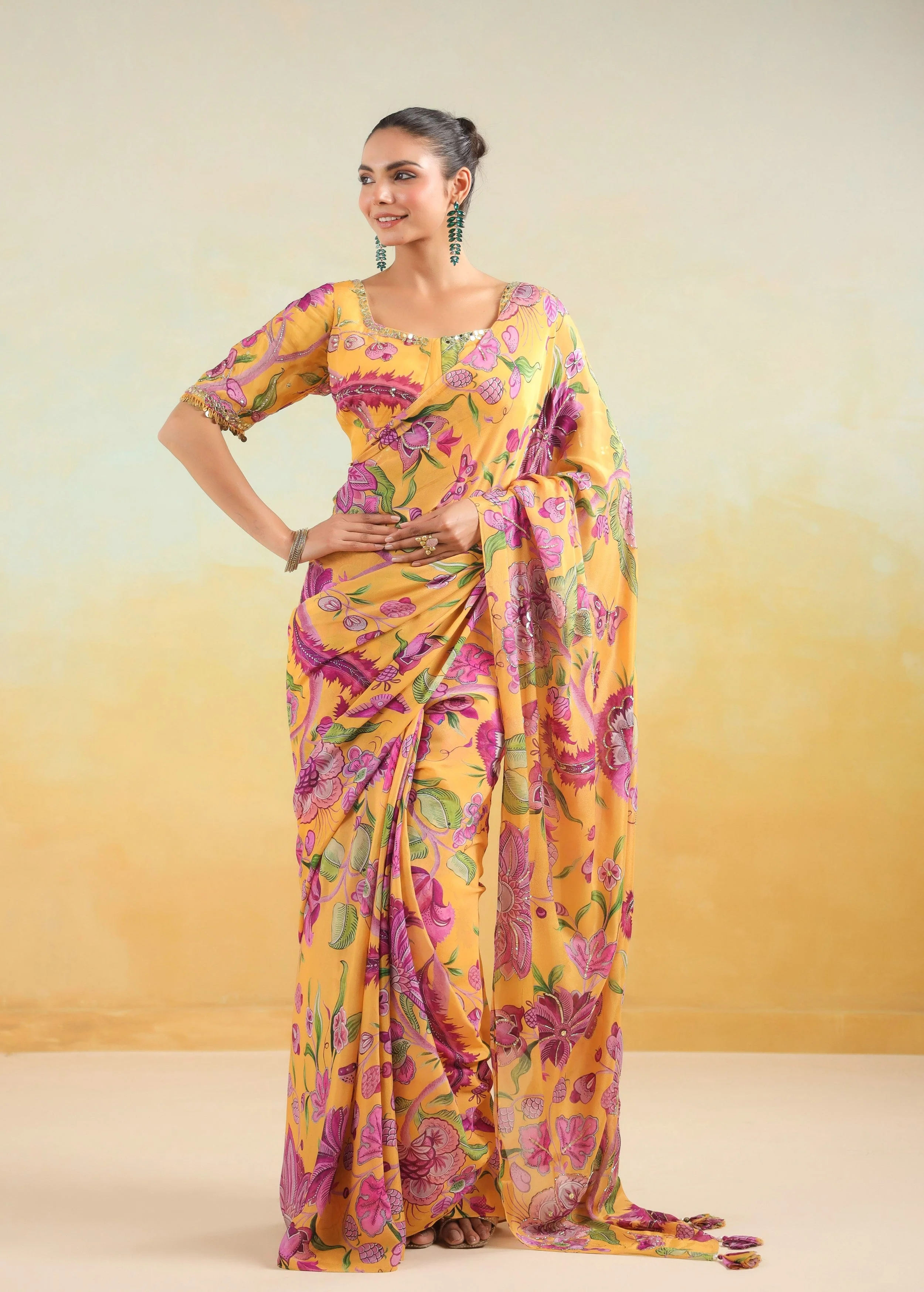 Sunflower Yellow Printed Chinon Silk Saree - Image 5
