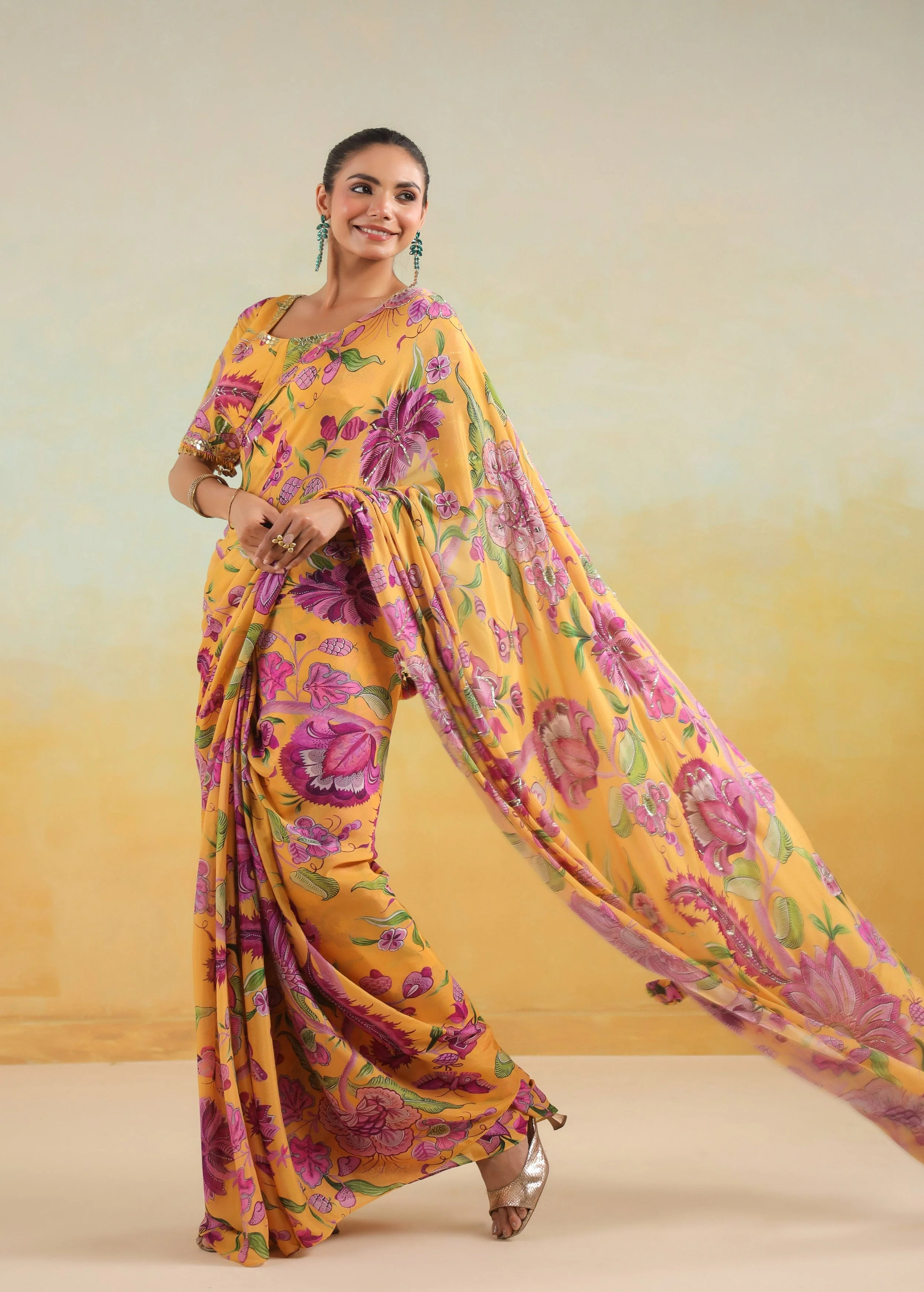 Sunflower Yellow Printed Chinon Silk Saree - Image 6