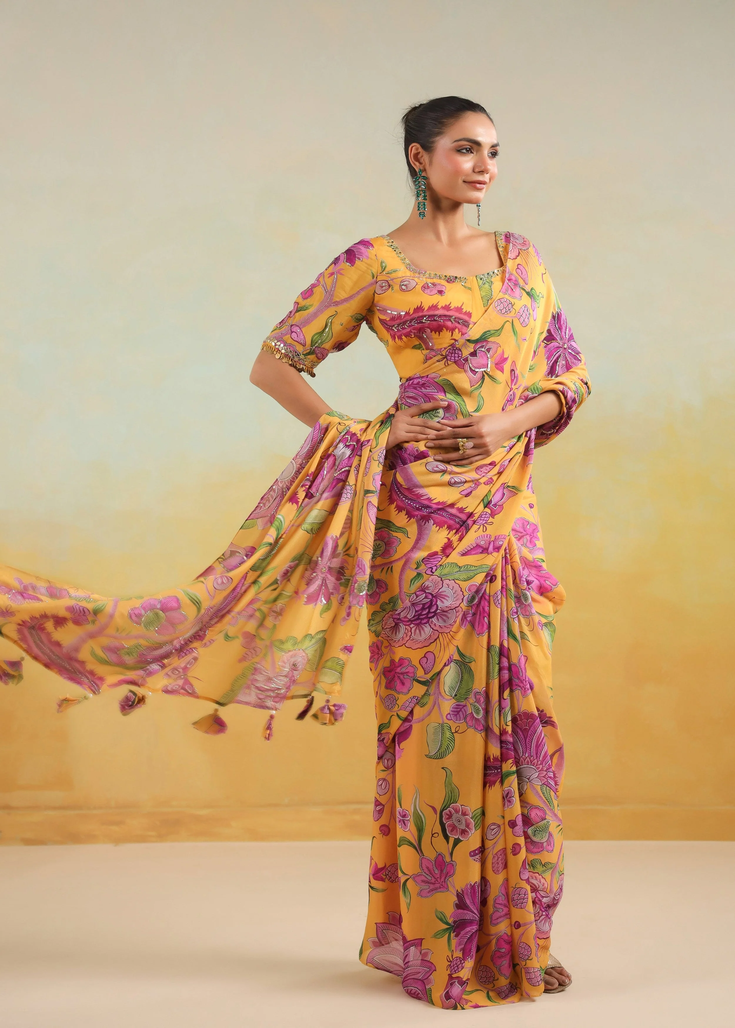 Sunflower Yellow Printed Chinon Silk Saree - Image 7