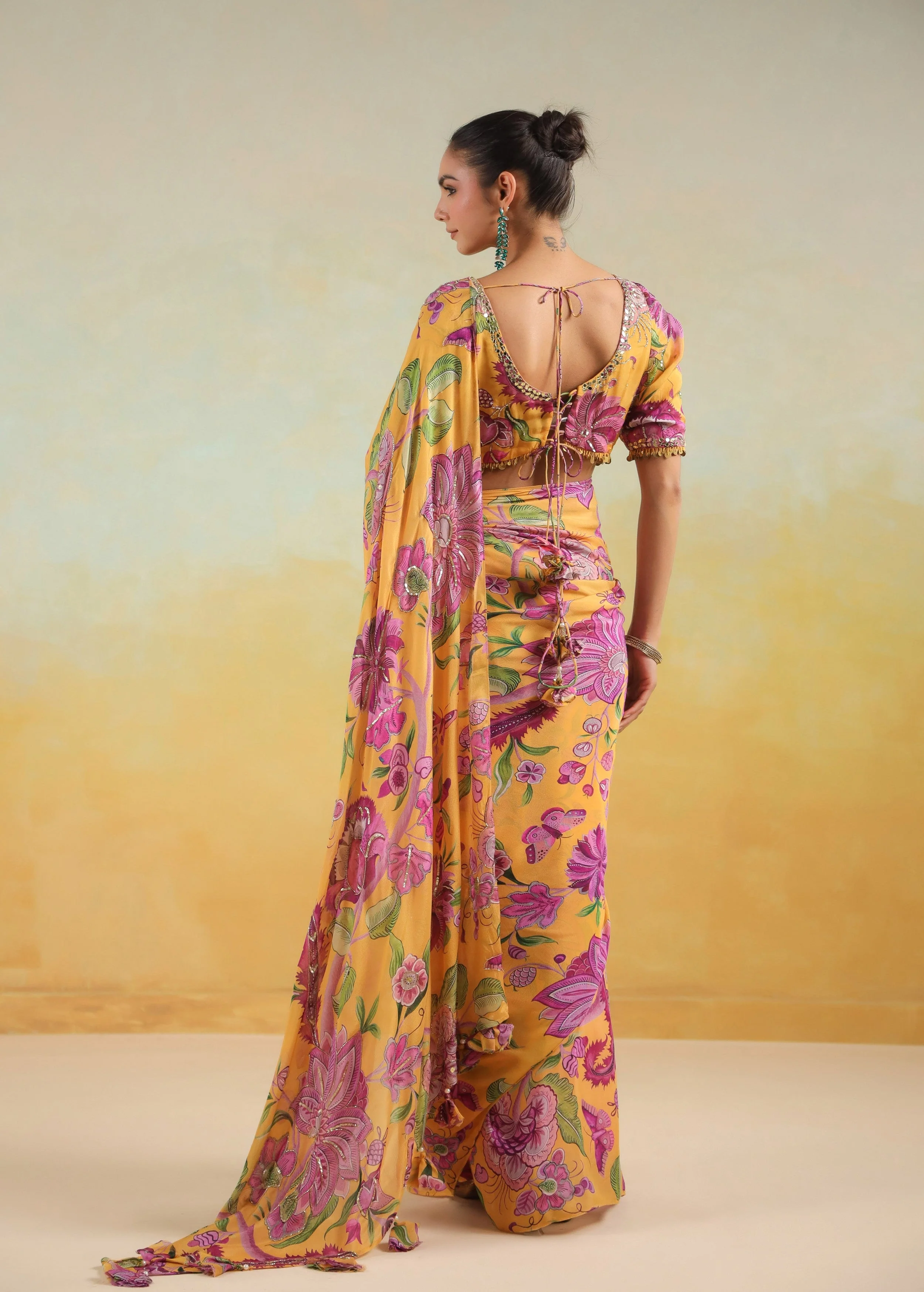 Sunflower Yellow Printed Chinon Silk Saree - Image 8