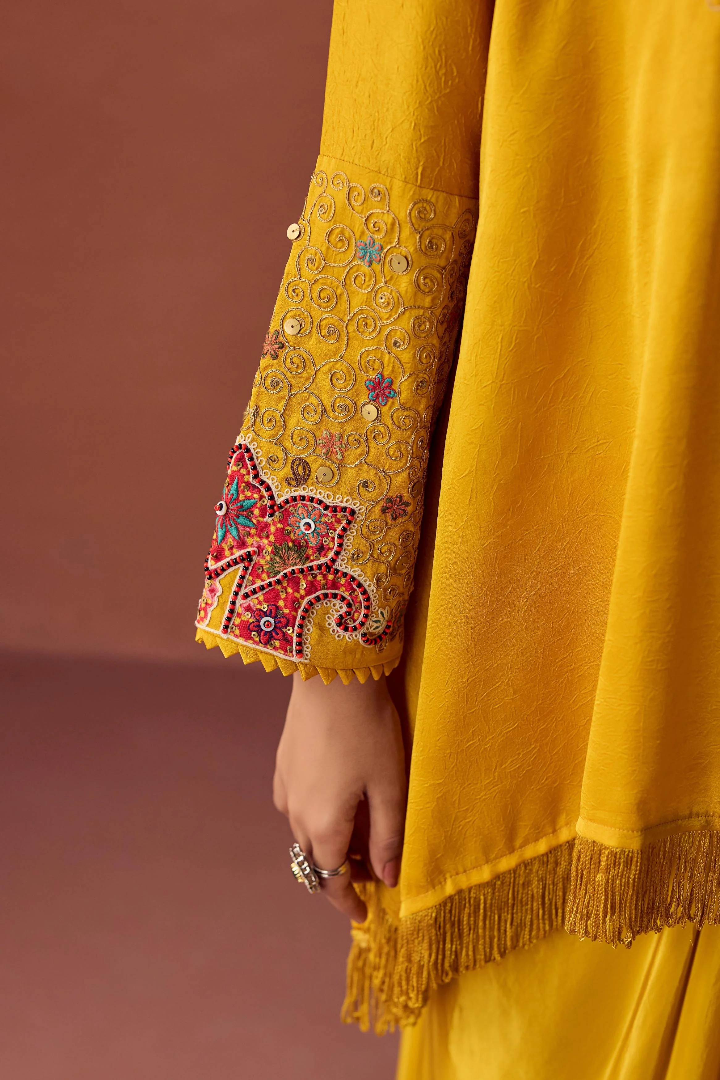 Sunlit Mustard Embellished Satin Silk Skirt Set - Image 3