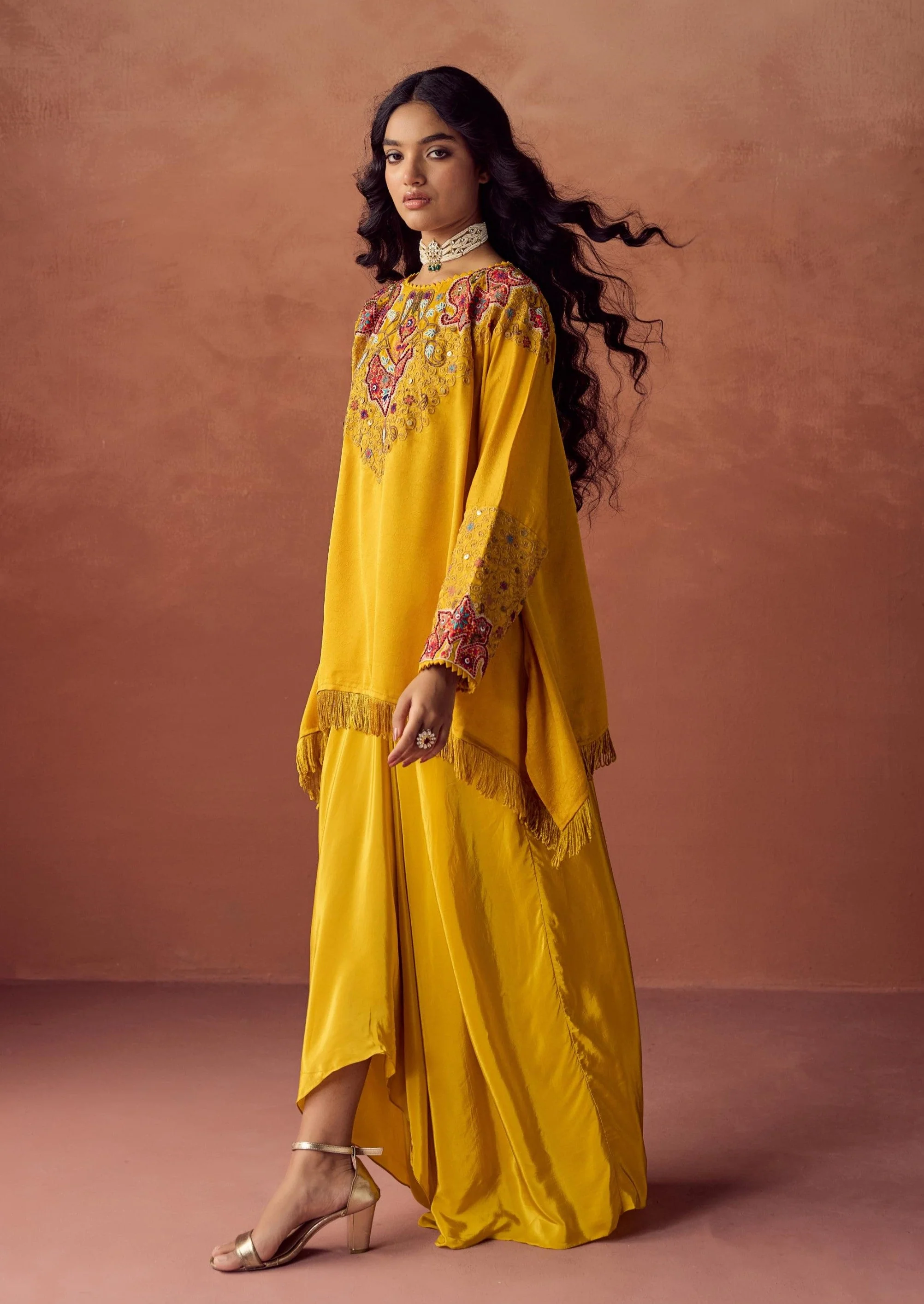 Sunlit Mustard Embellished Satin Silk Skirt Set - Image 4