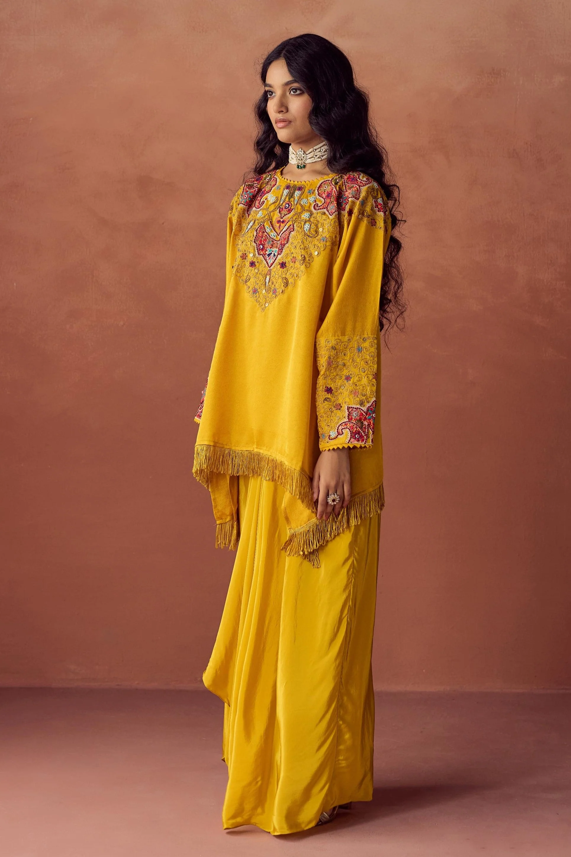 Sunlit Mustard Embellished Satin Silk Skirt Set - Image 5
