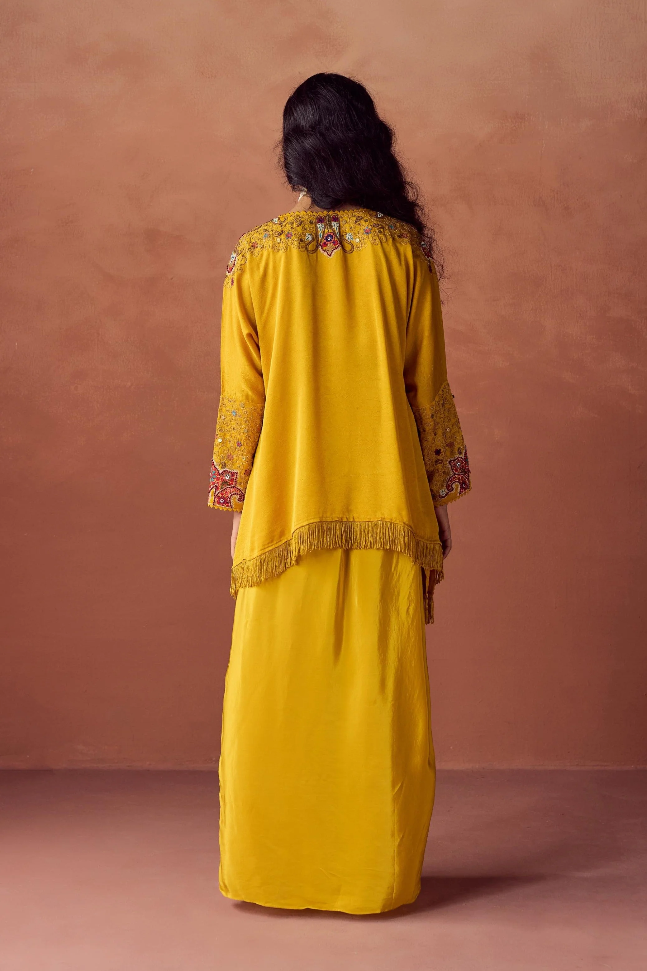 Sunlit Mustard Embellished Satin Silk Skirt Set - Image 6