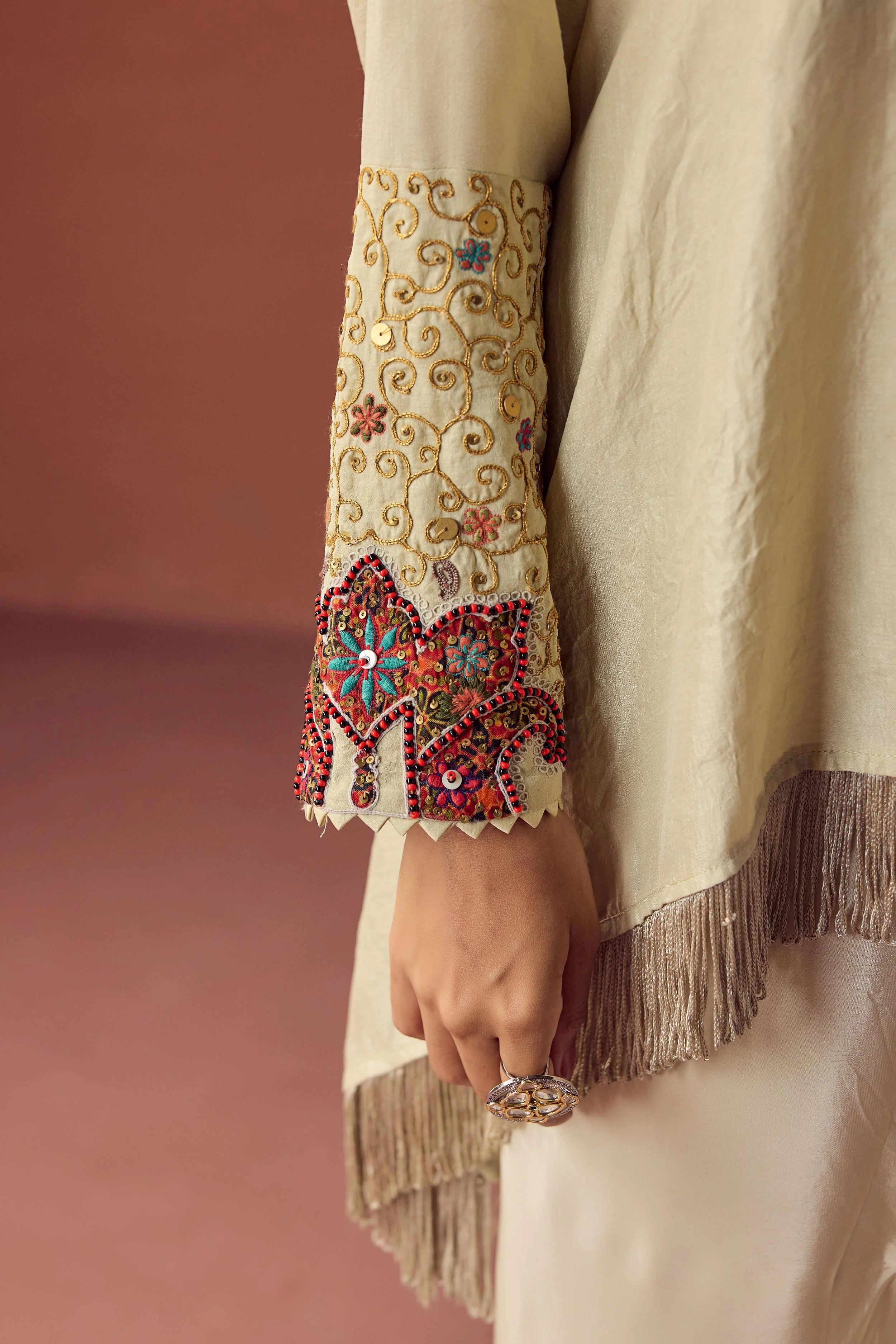 Champagne Cream Embellished Satin Silk Skirt Set - Image 3