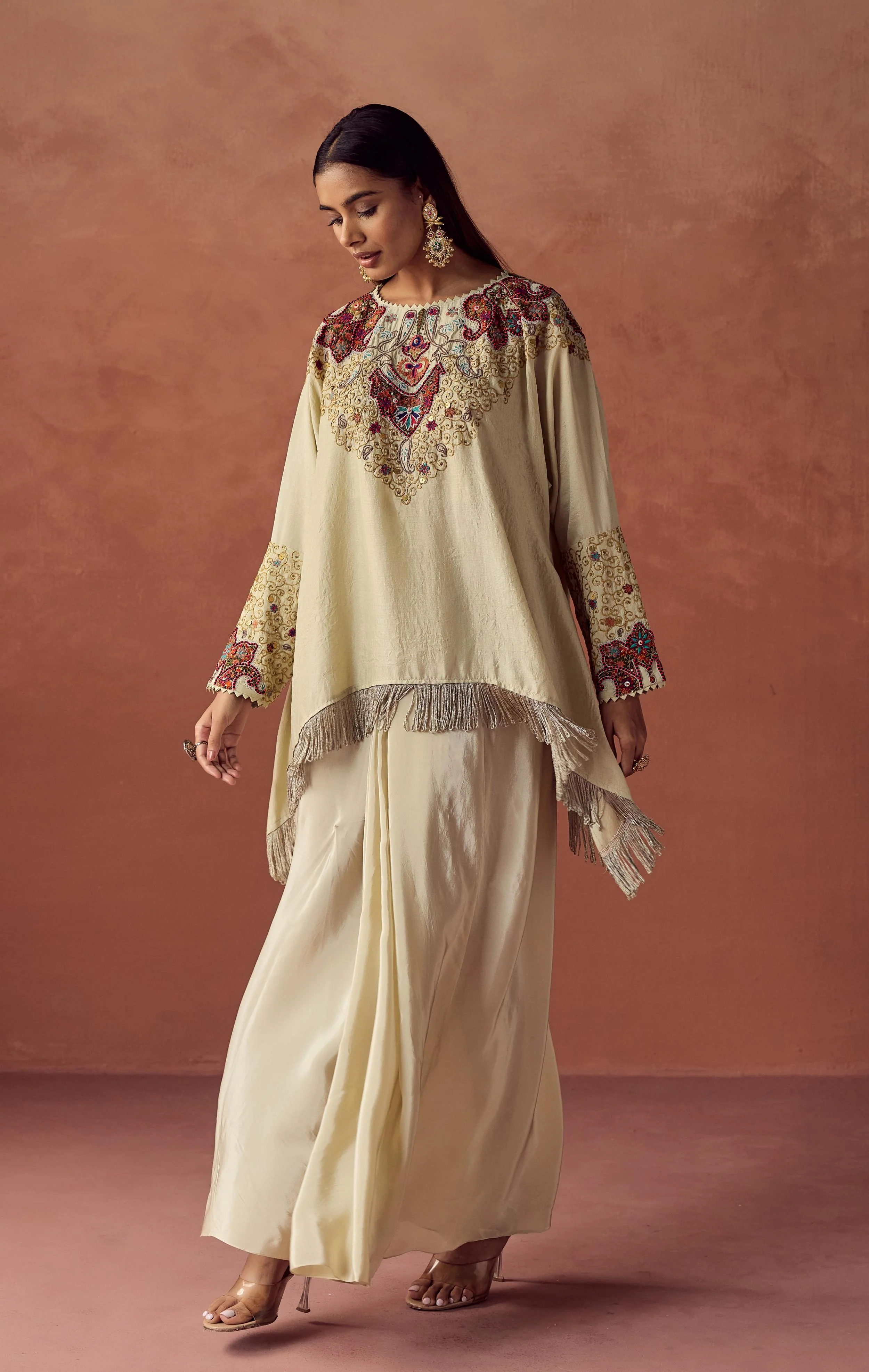 Champagne Cream Embellished Satin Silk Skirt Set - Image 4