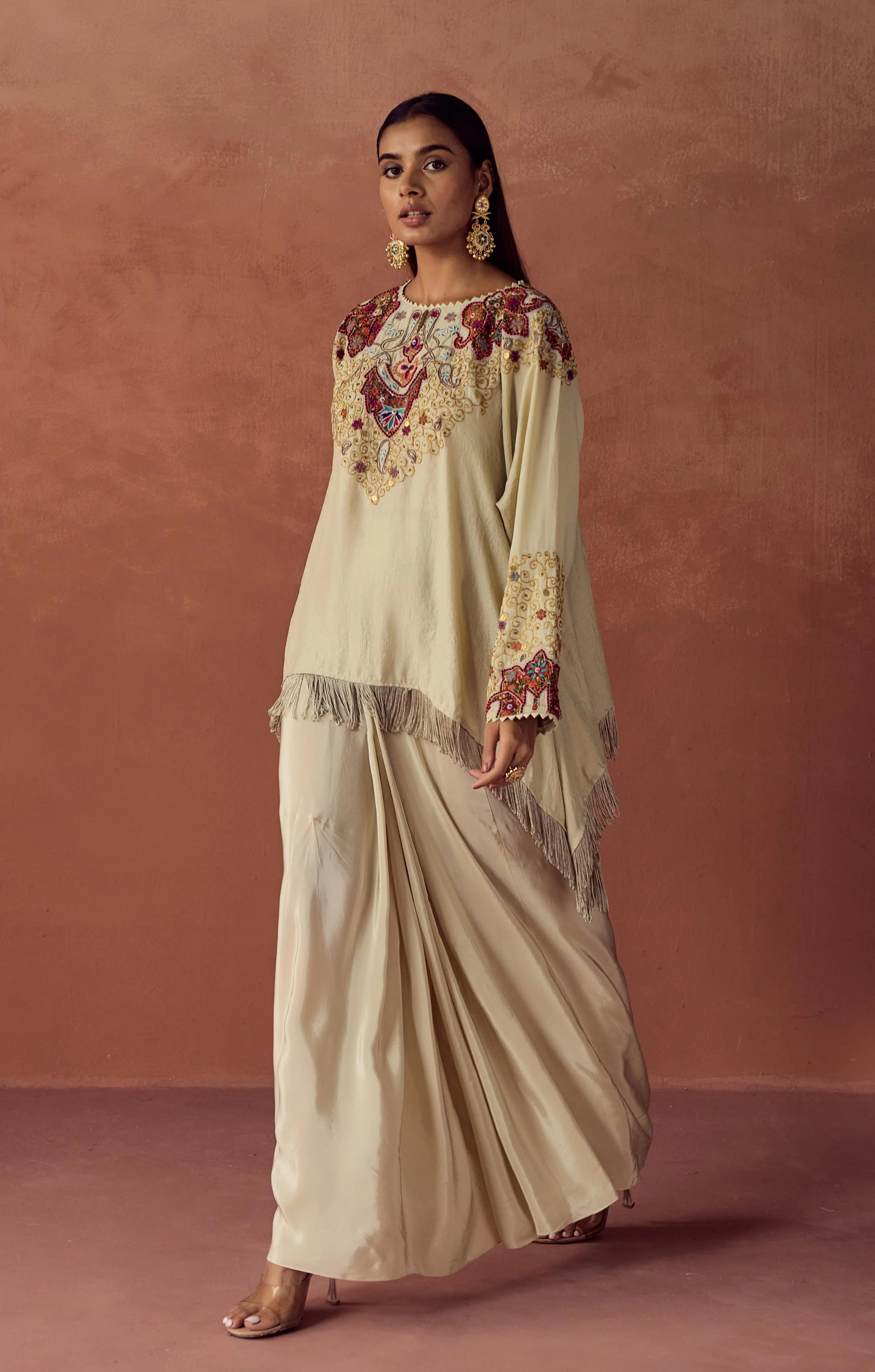 Champagne Cream Embellished Satin Silk Skirt Set - Image 5
