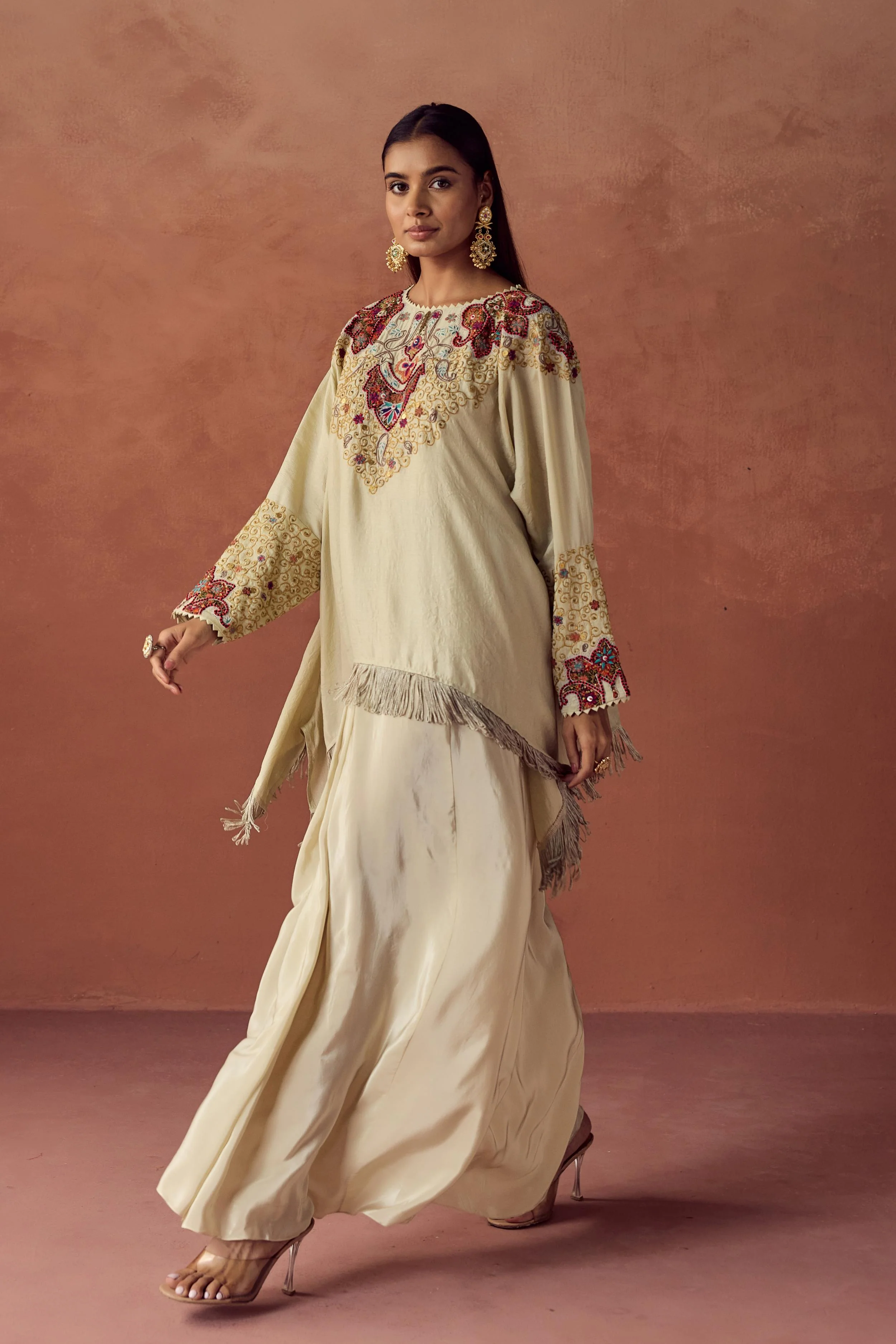 Champagne Cream Embellished Satin Silk Skirt Set - Image 6