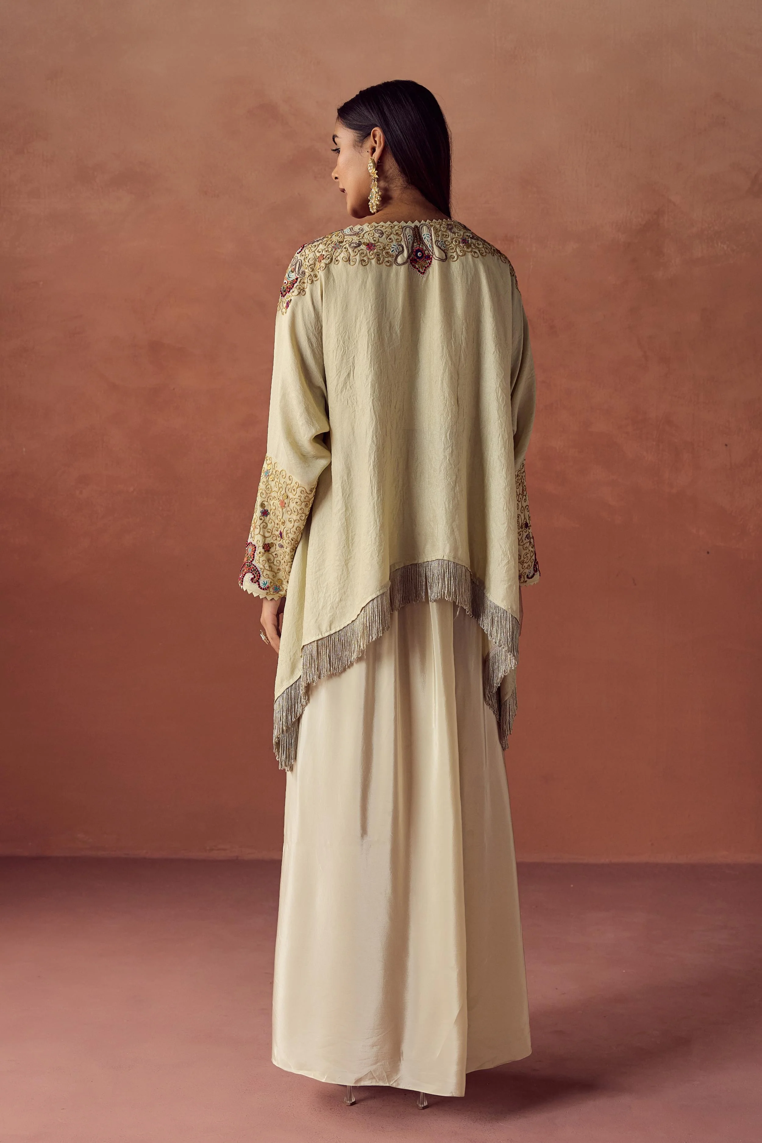 Champagne Cream Embellished Satin Silk Skirt Set - Image 7