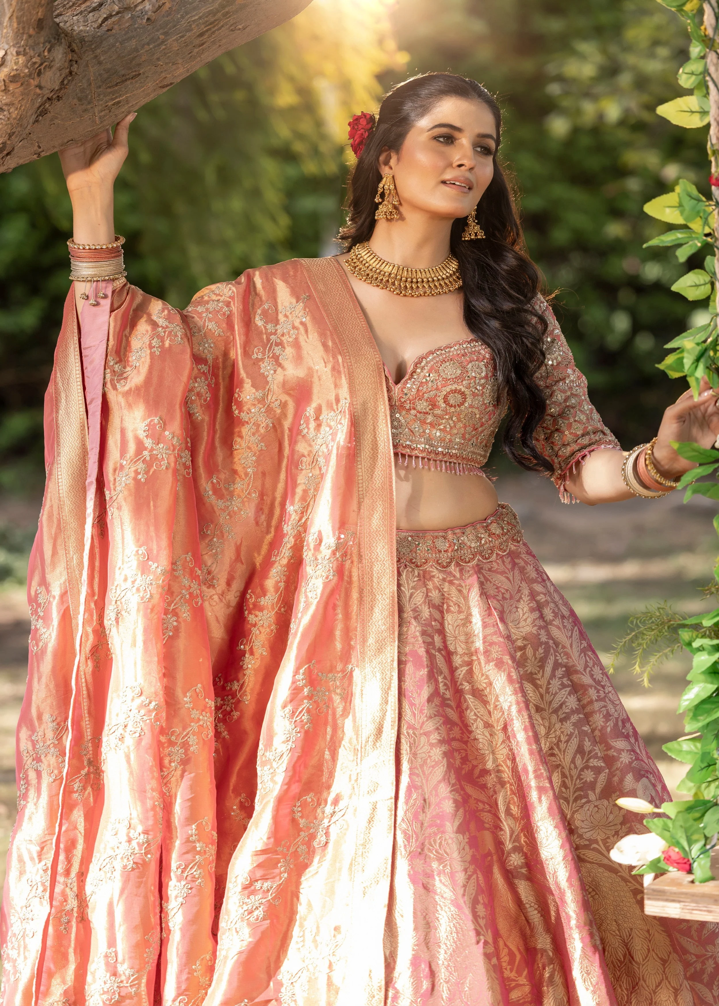 Sunlit Peach Embellished Banarasi Silk Lehenga Set - Image 2