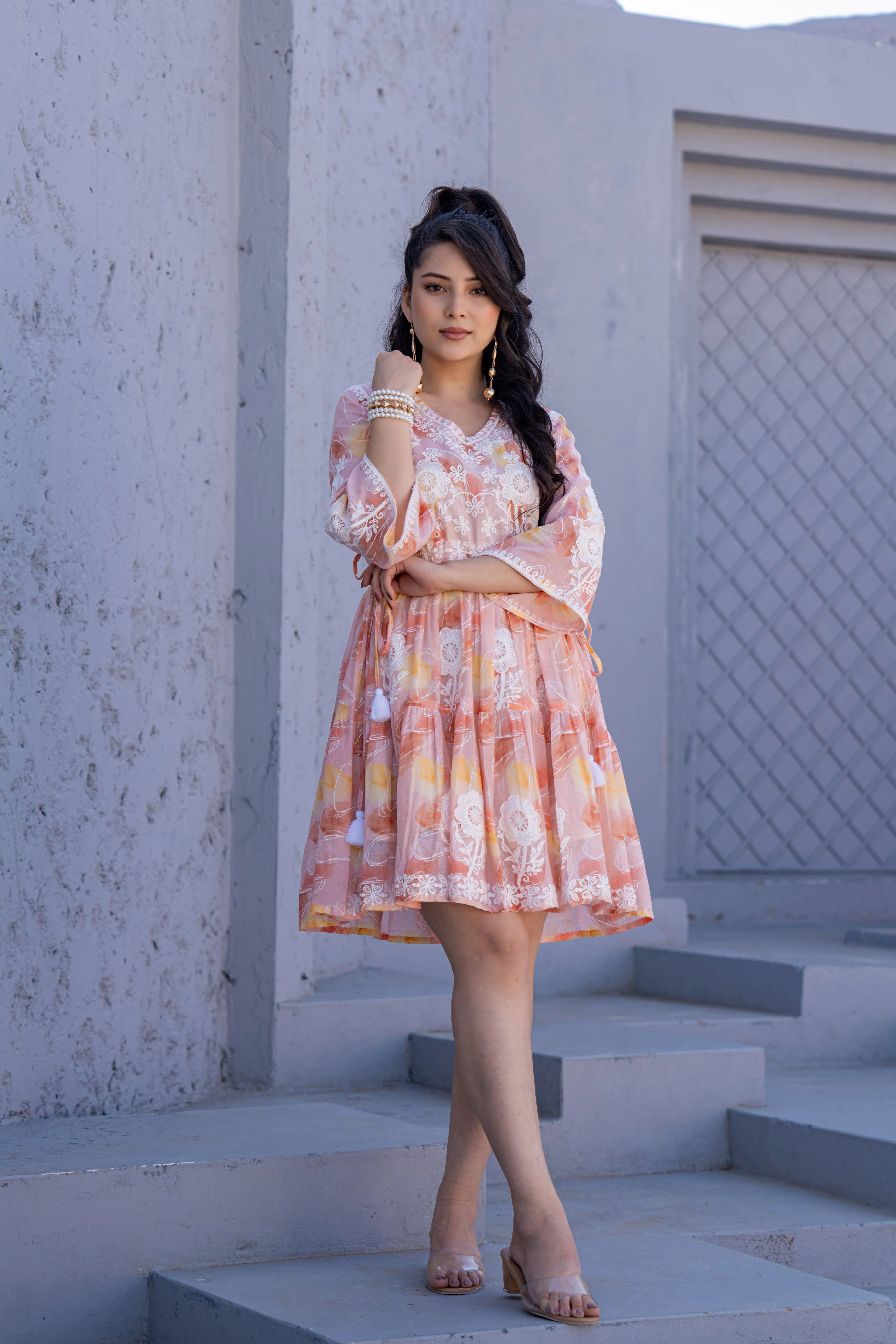 Sunset Blush Embroidered Cotton Dress