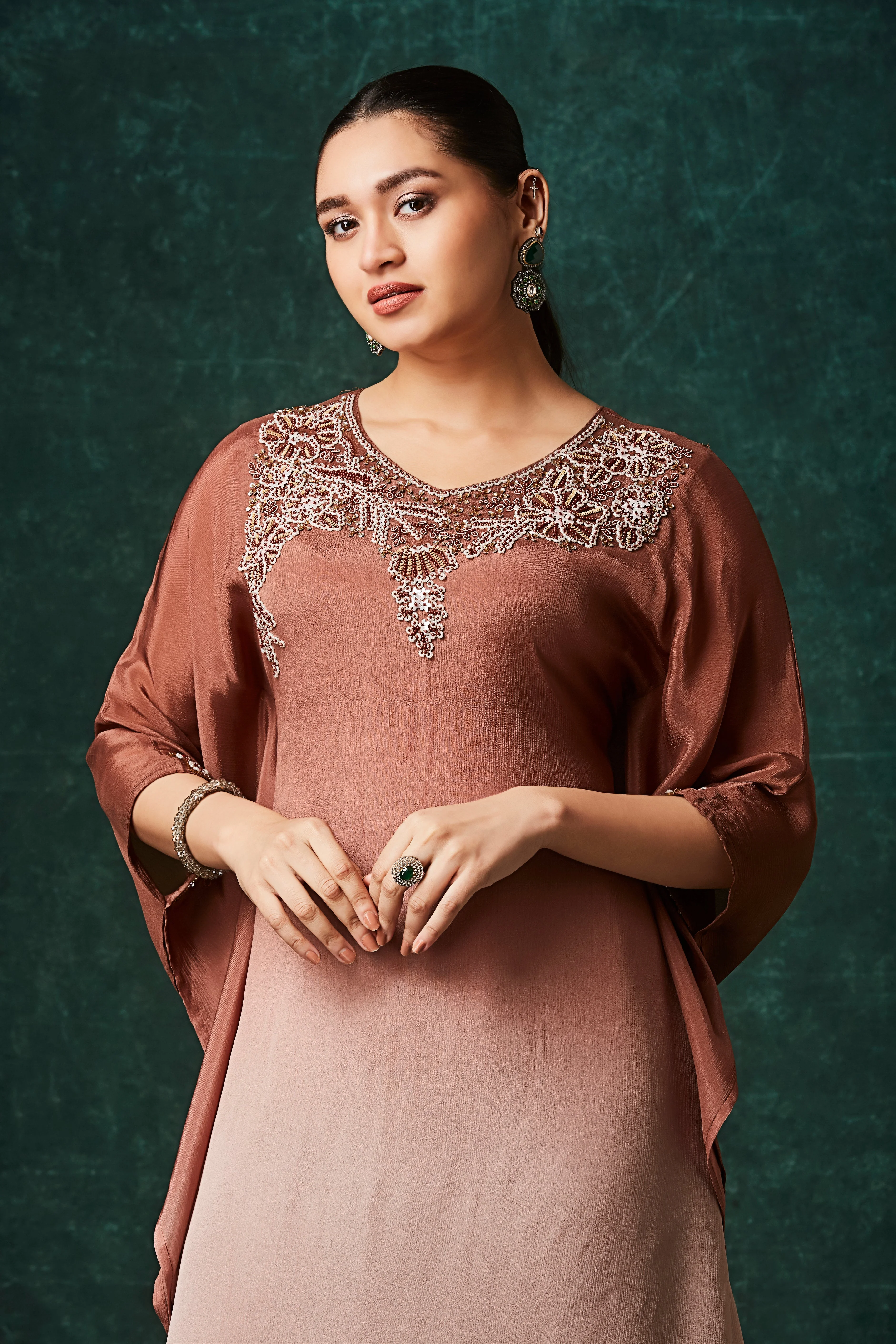 Copper Brown Ombre Embellished Chinon Silk Kaftan Set - Image 2