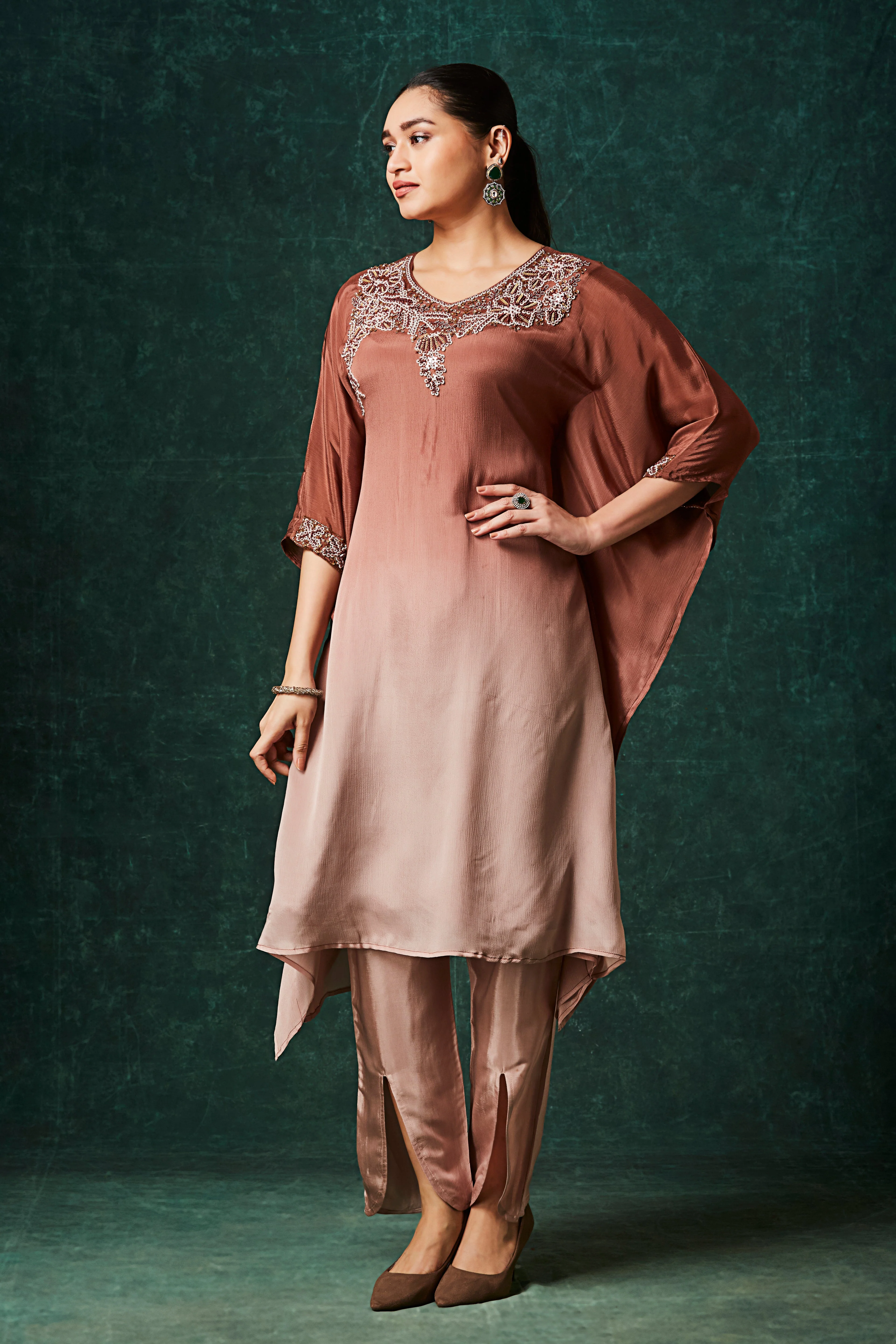 Copper Brown Ombre Embellished Chinon Silk Kaftan Set - Image 3