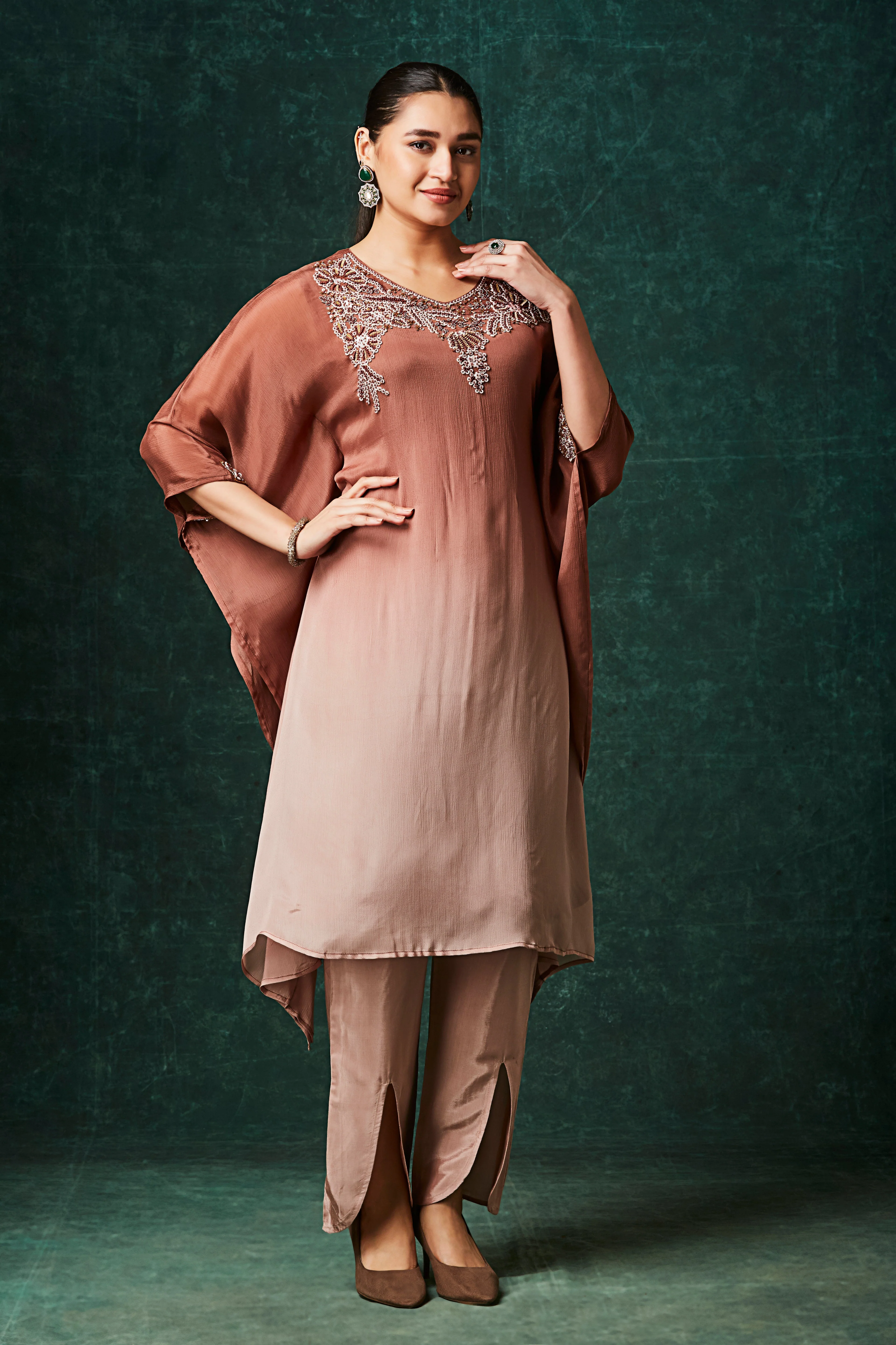 Copper Brown Ombre Embellished Chinon Silk Kaftan Set - Image 4